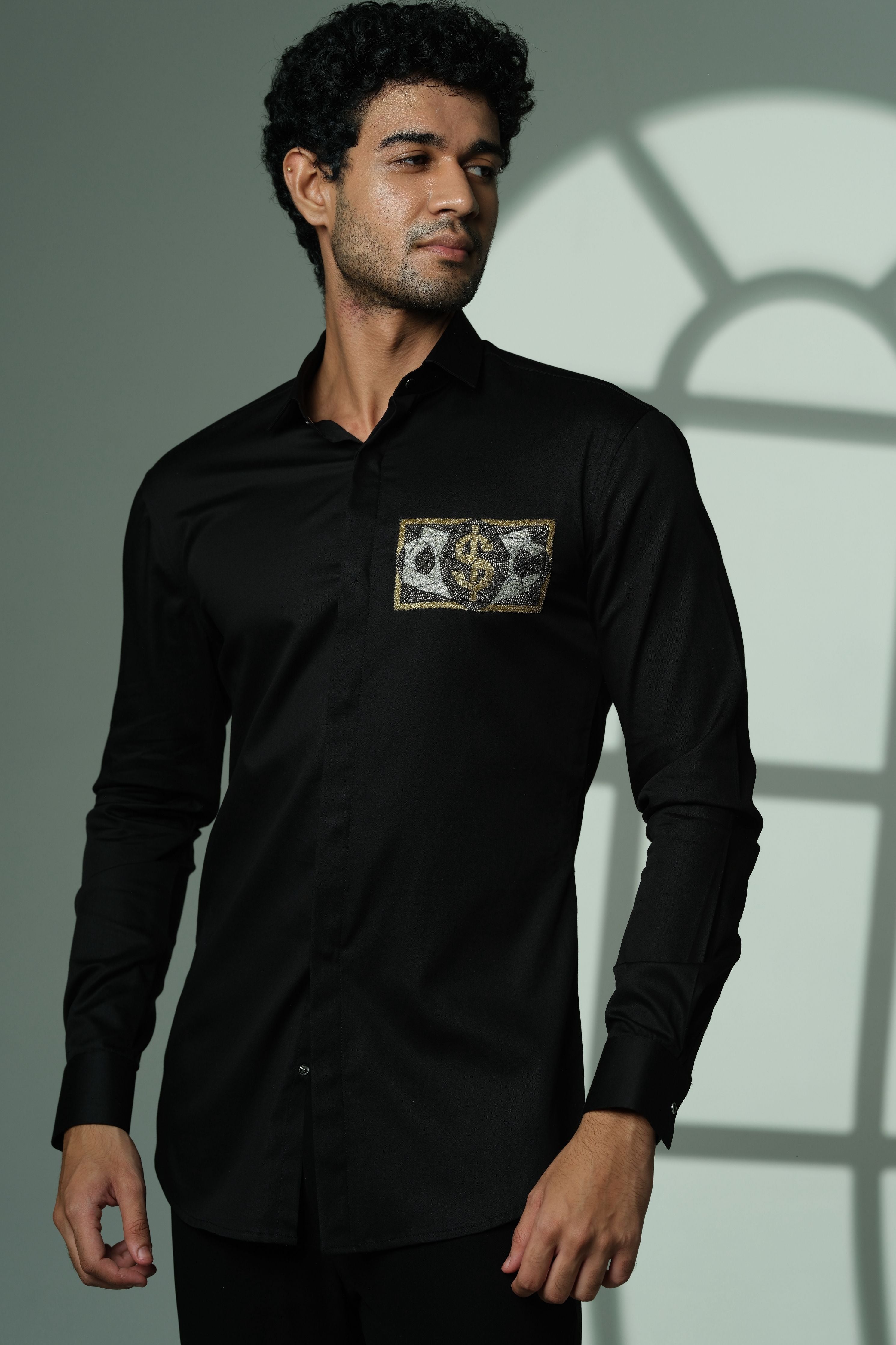 Black Shirt With Dollar On Pocket Square