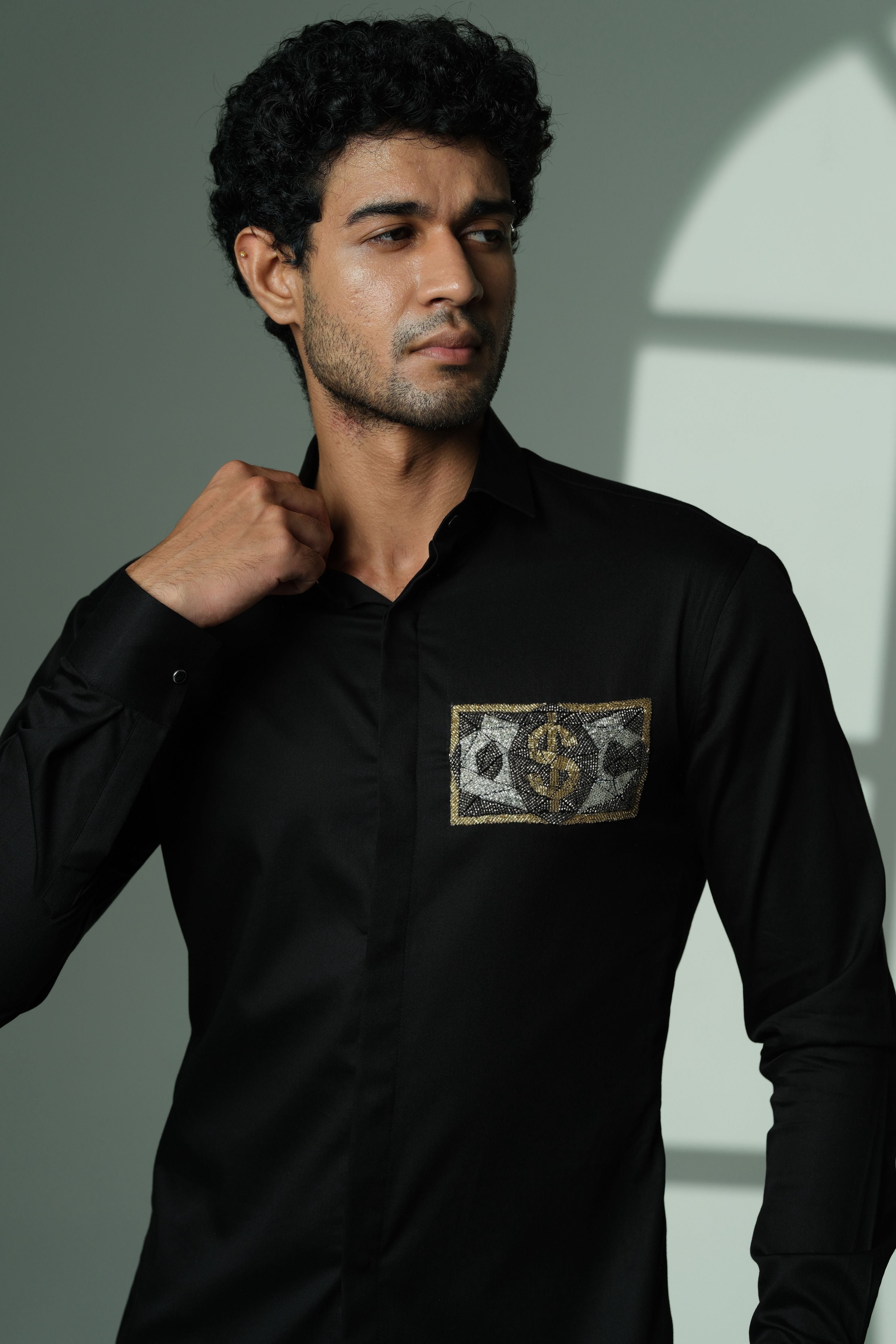 Black Shirt With Dollar On Pocket Square