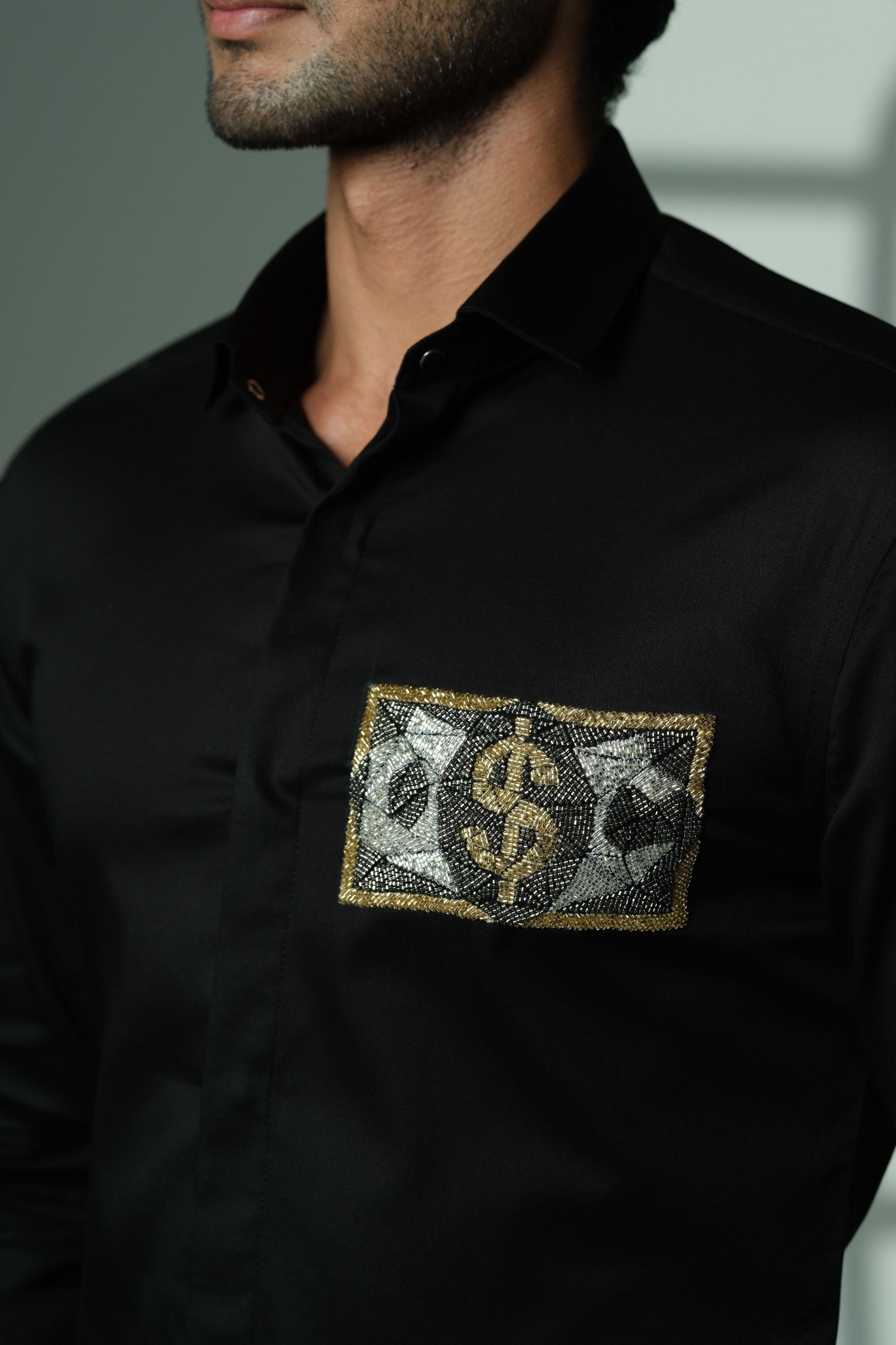 Black Shirt With Dollar On Pocket Square