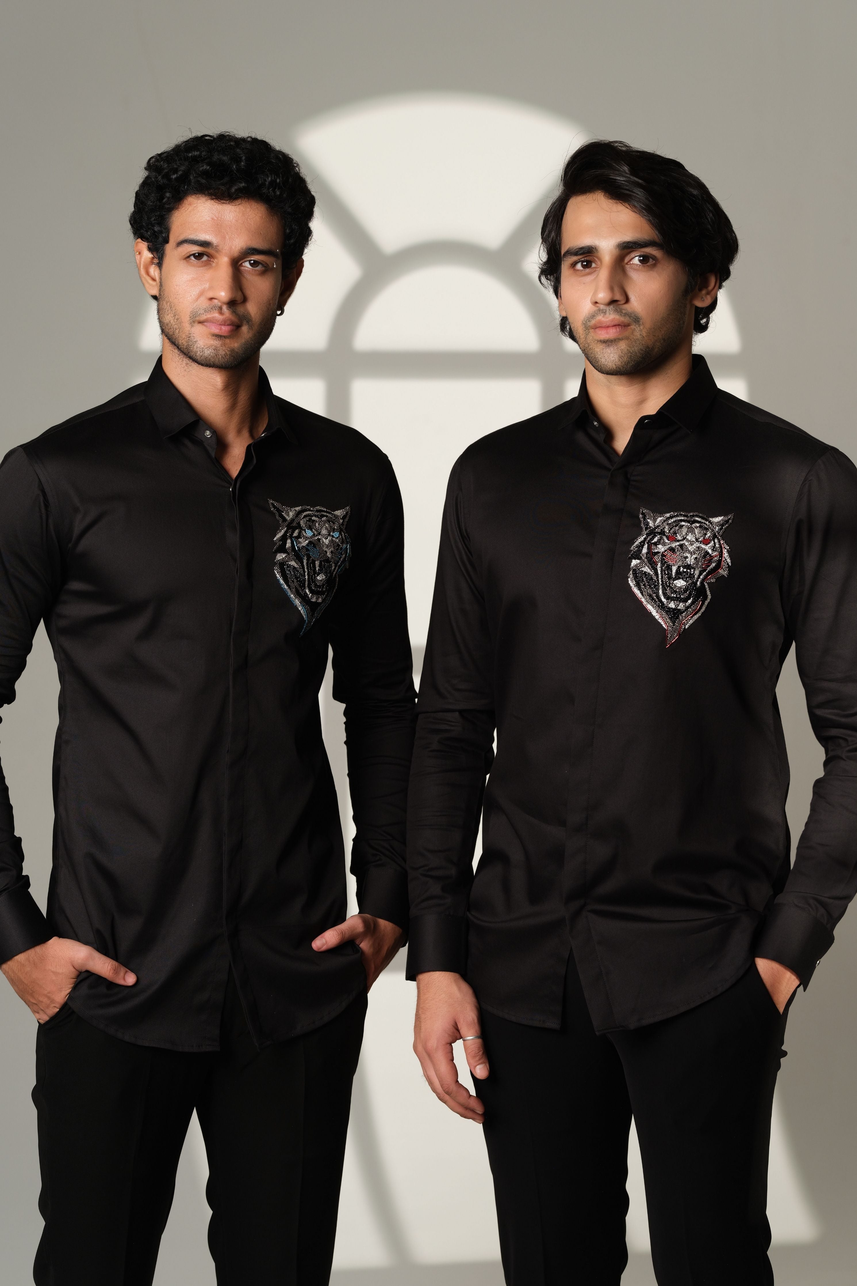 Black Shirt With Roaring Tiger Face With Blue Eyes On Pocket Square