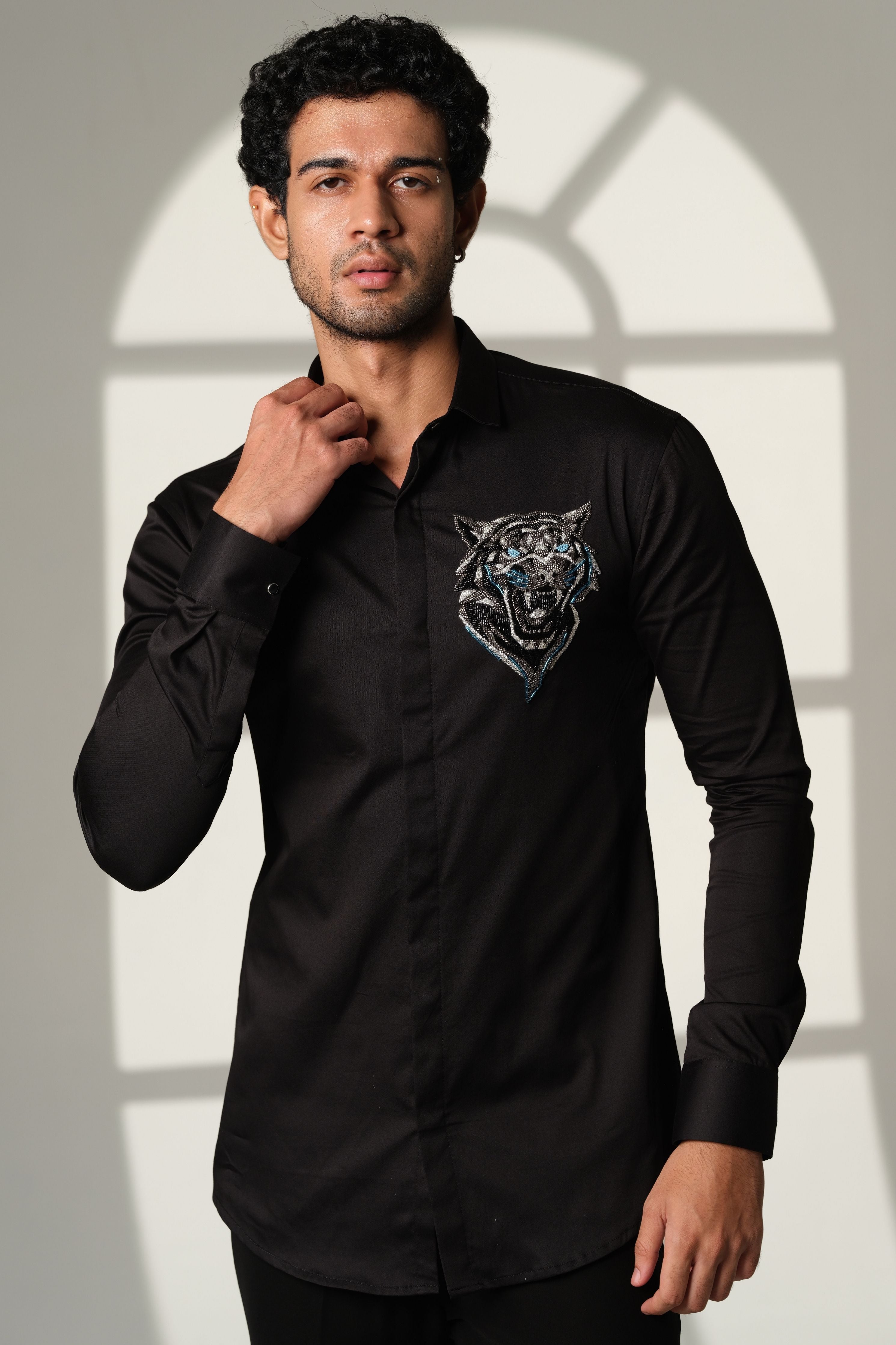 Black Shirt With Roaring Tiger Face With Blue Eyes On Pocket Square