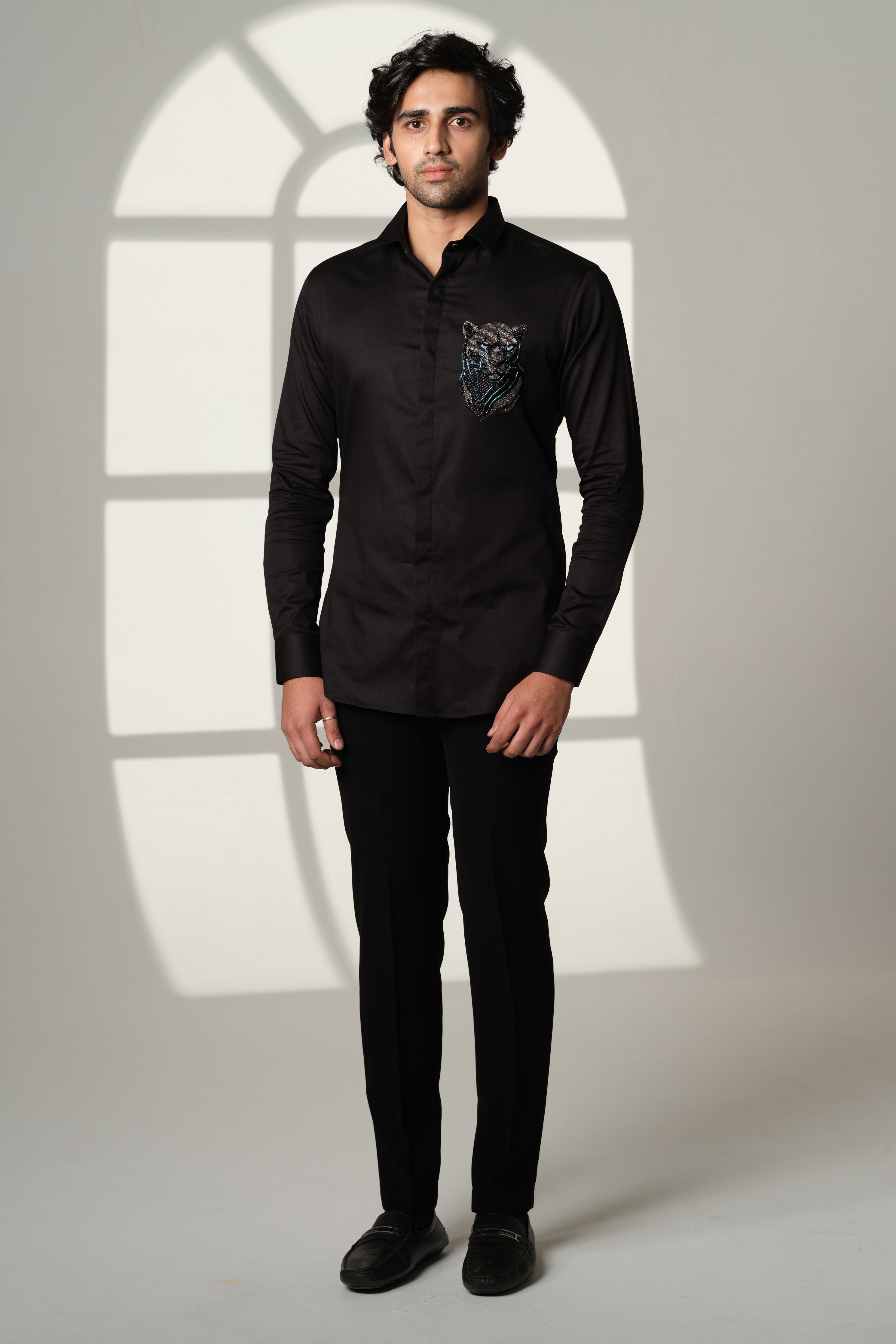 Black Shirt With 3D Panther With Blue Eye On Pocket Square