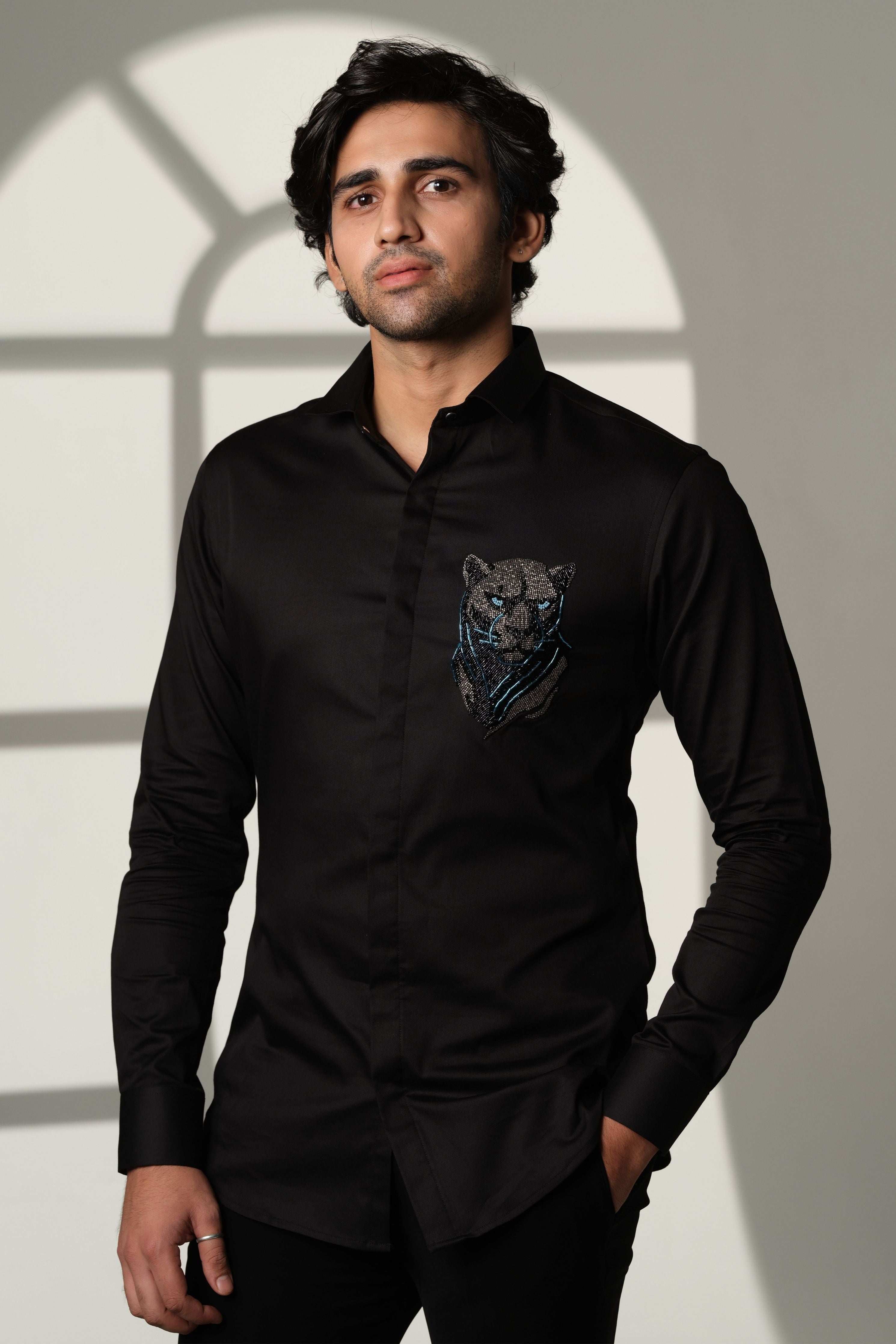 Black Shirt With 3D Panther With Blue Eye On Pocket Square