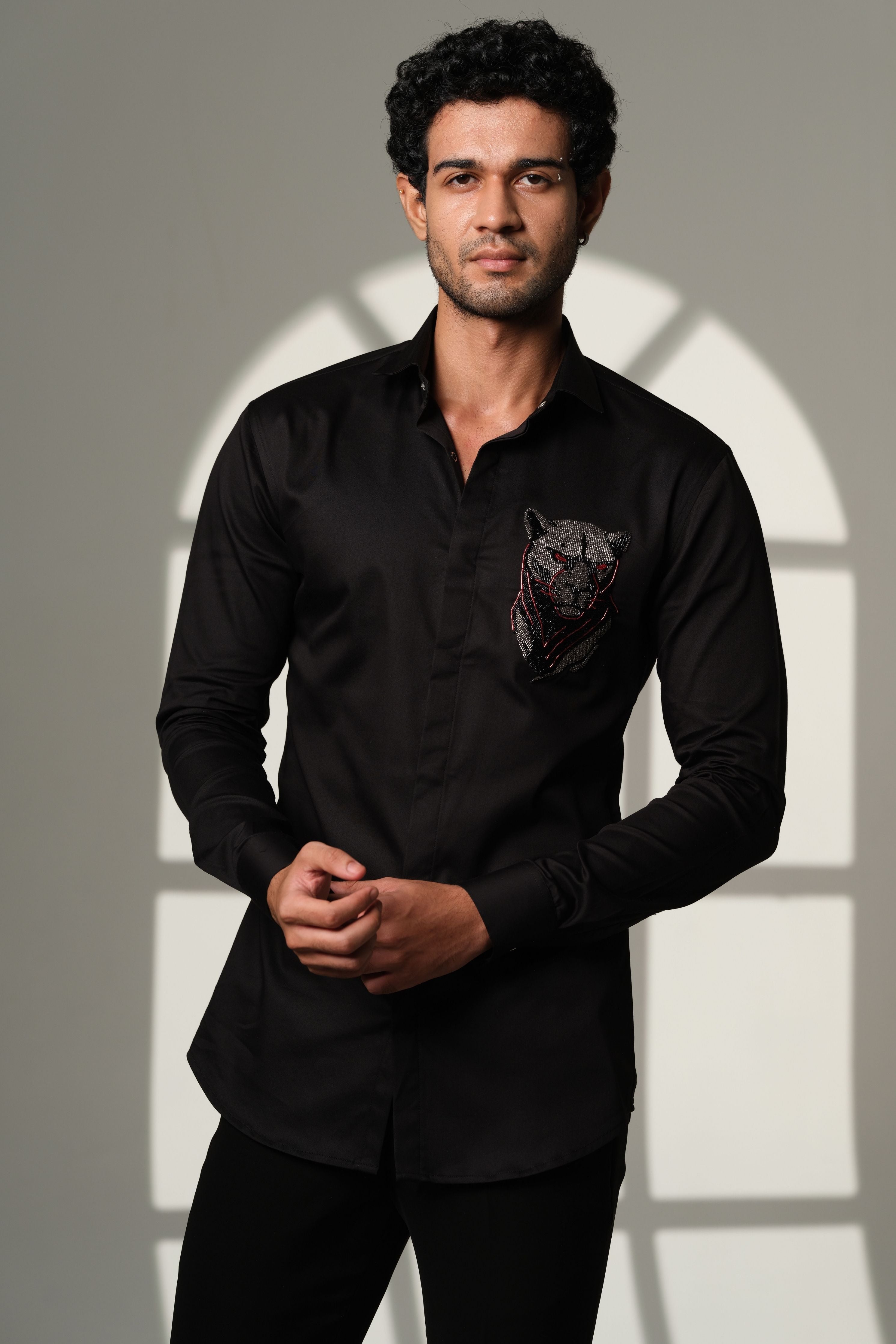 Black Shirt With 3D Panther With Red Eye On Pocket Square