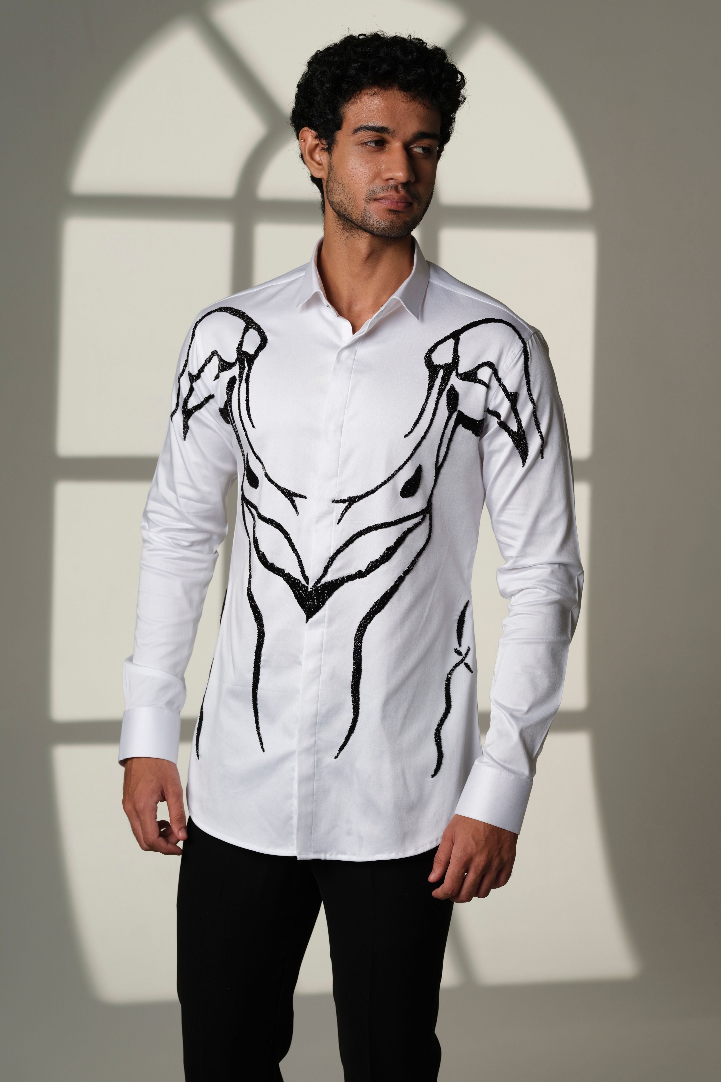 Ivory Armor- White Shirt With Hand Embroidered Abstract Crest