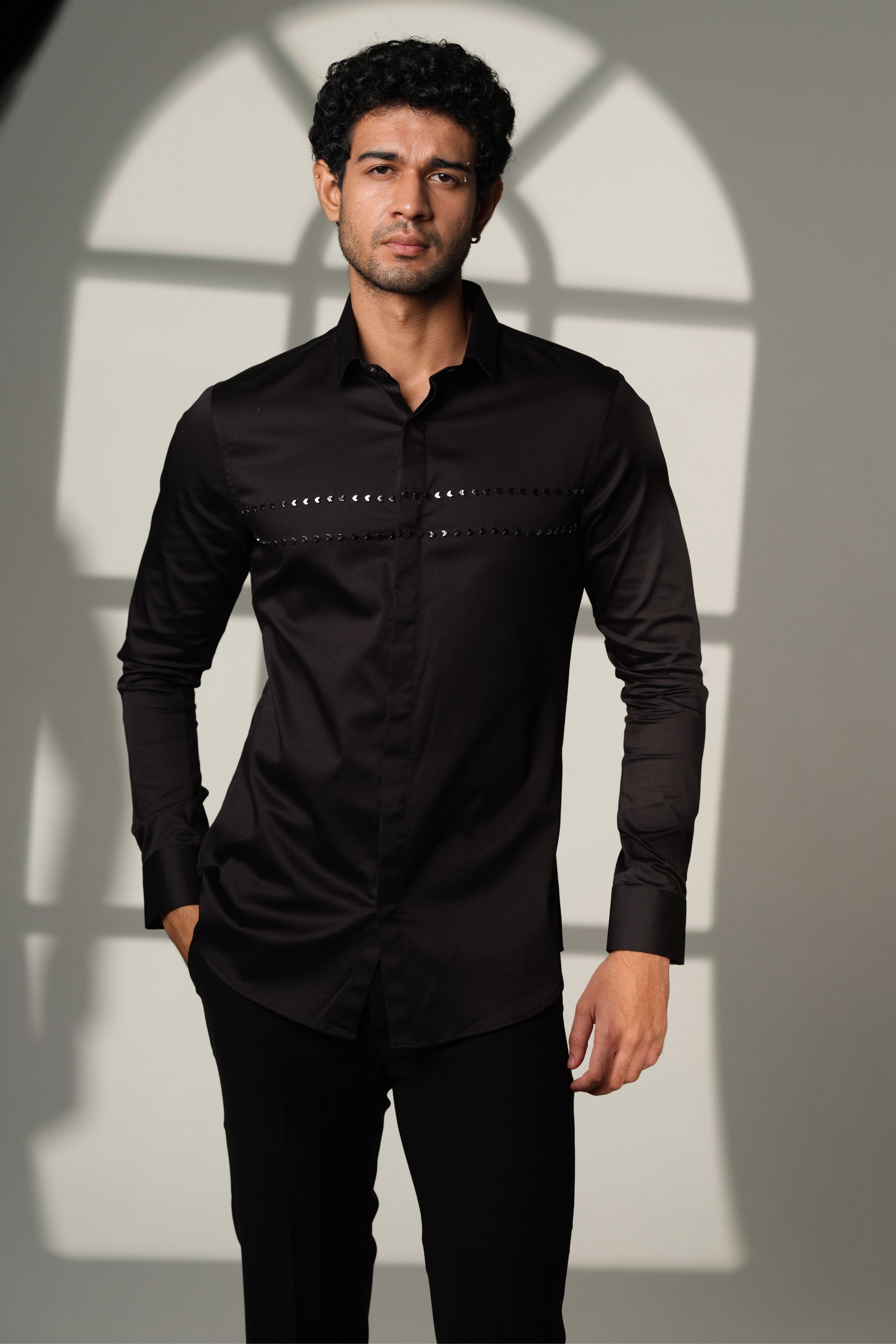 Black Shirt With Double Parallel Arrow Embroidery