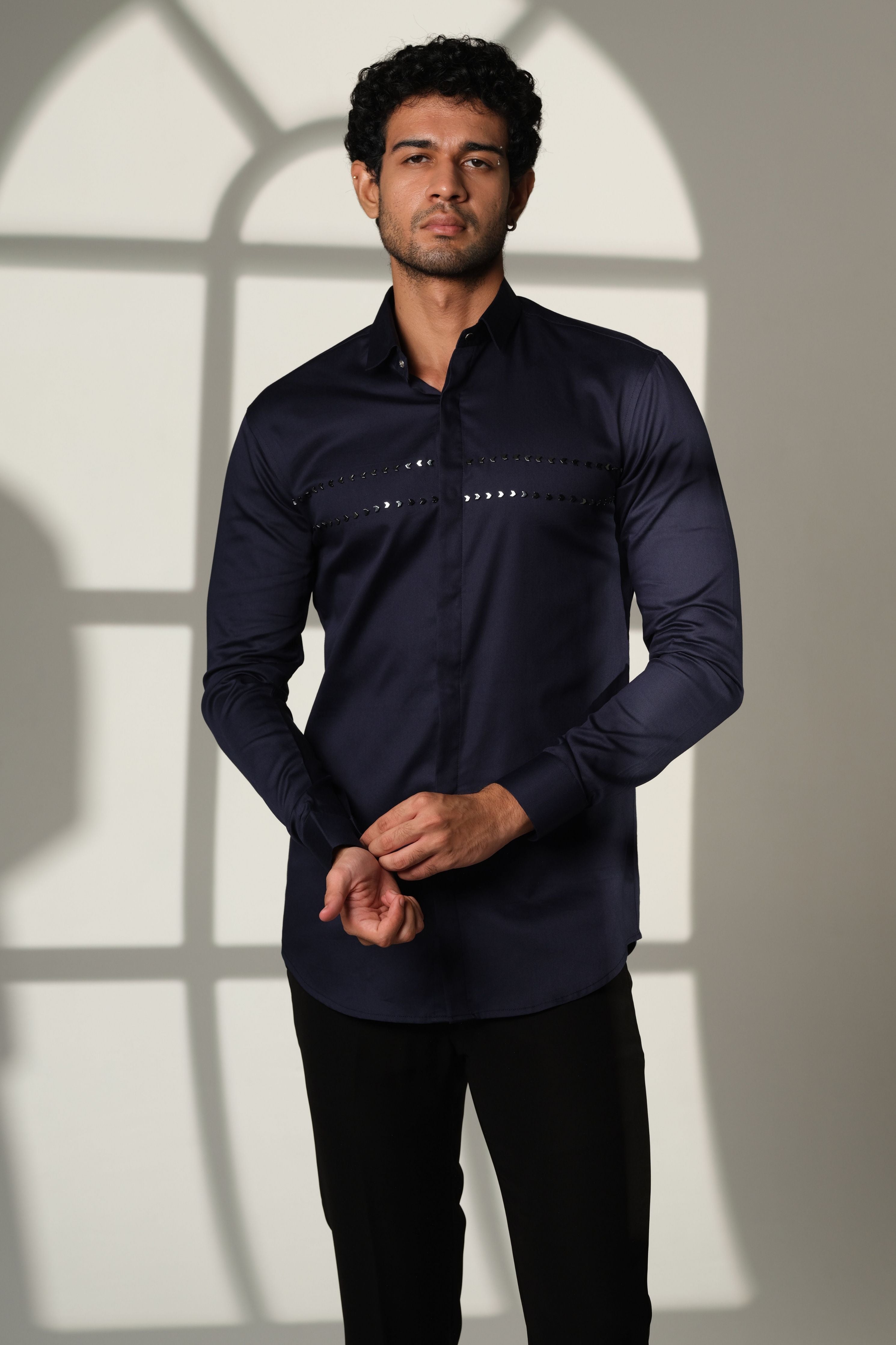 Navy Blue Shirt With Double Parallel Arrow Embroidery