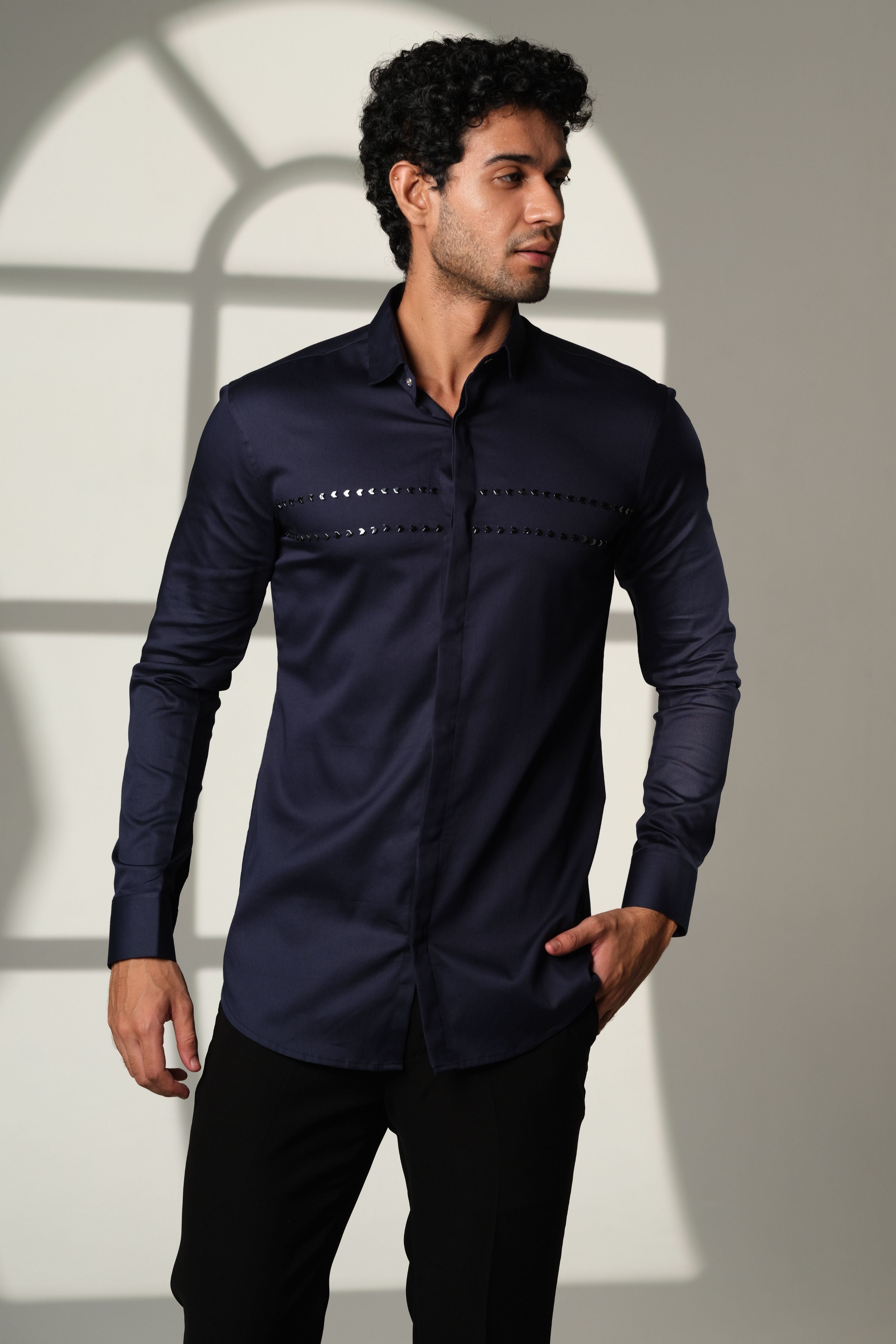 Navy Blue Shirt With Double Parallel Arrow Embroidery