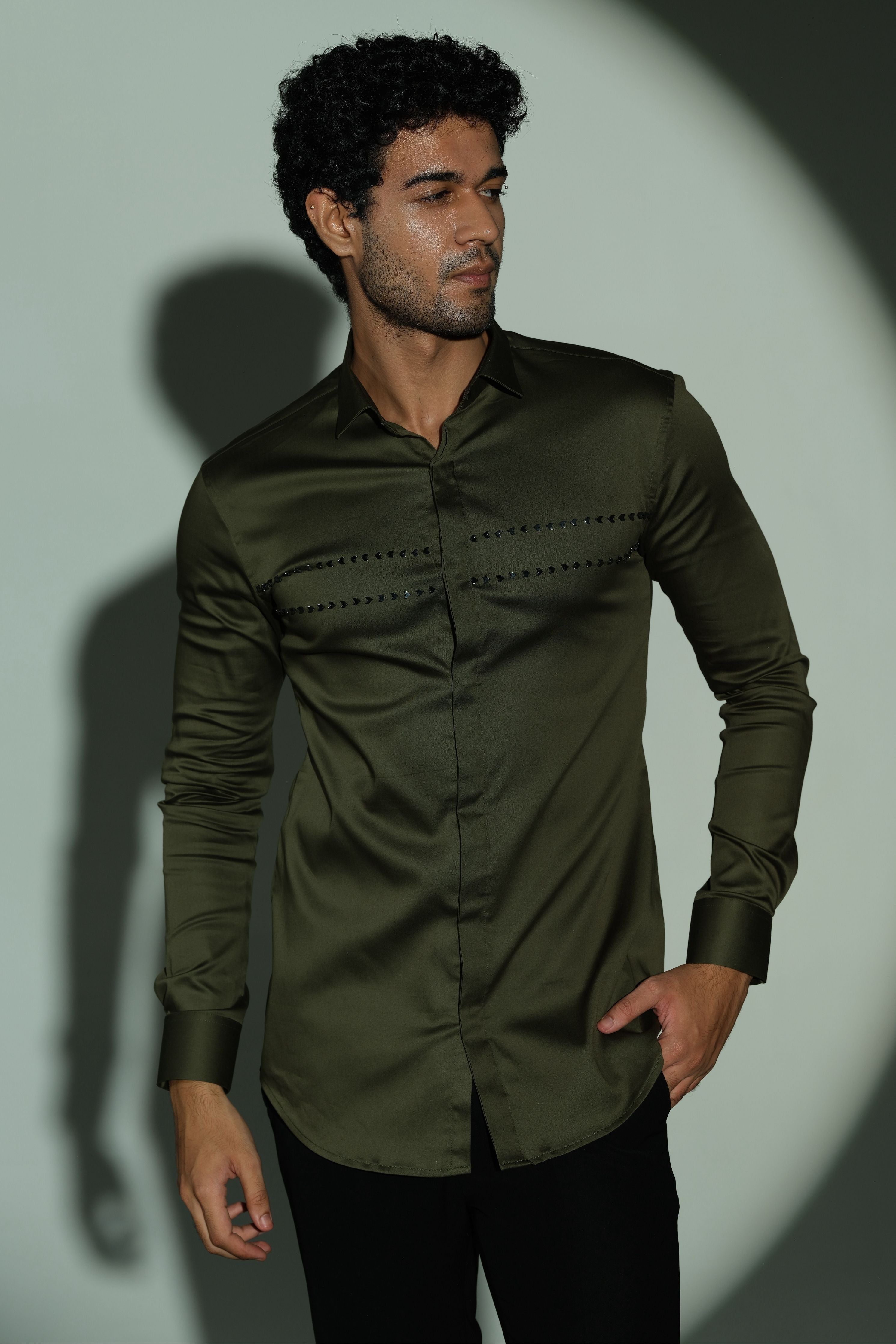 Olive Green Shirt With Double Parallel Arrow Embroidery