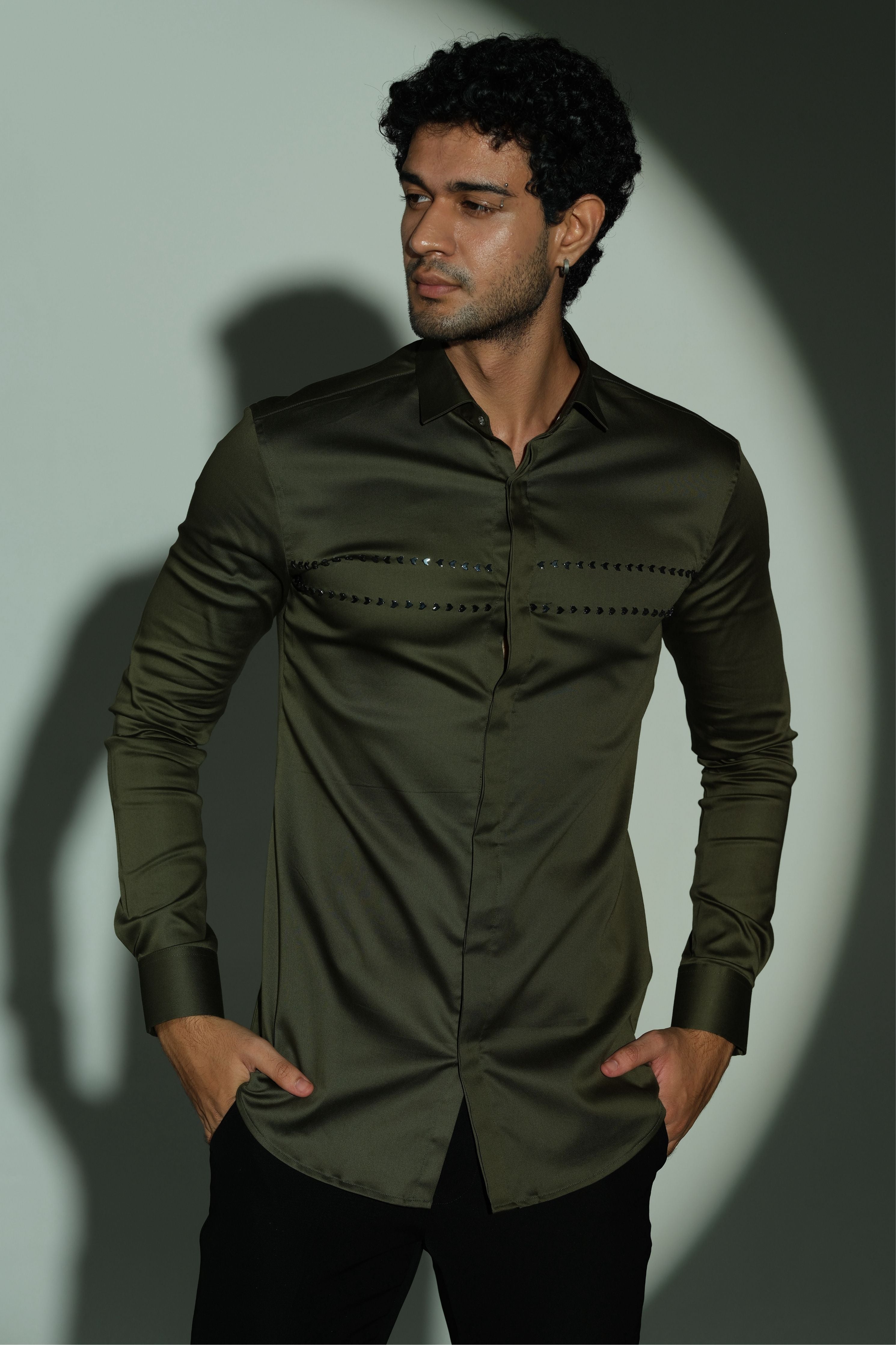 Olive Green Shirt With Double Parallel Arrow Embroidery