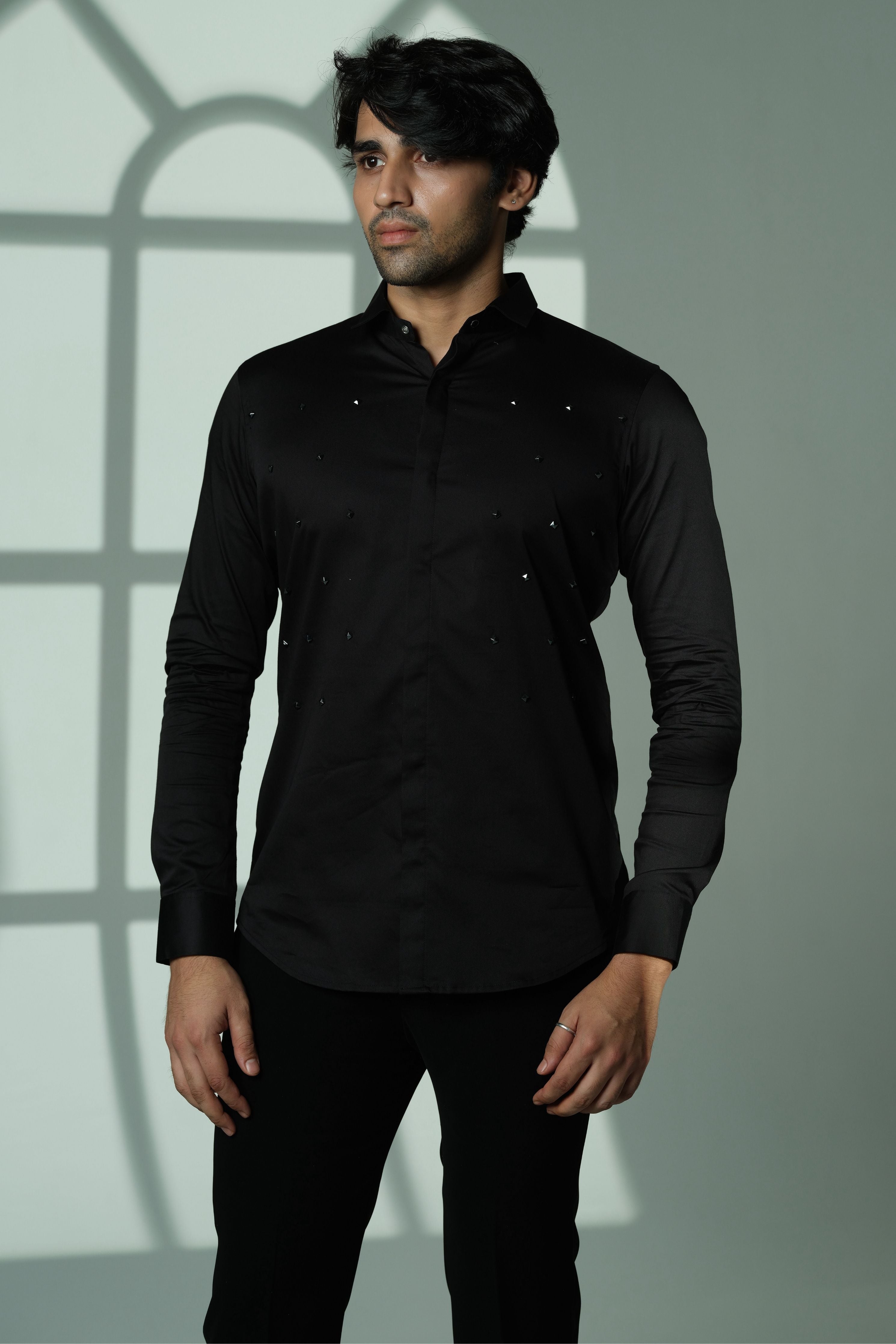 Pyramid Polka- Black Shirt With Onyx Stud Embellisment