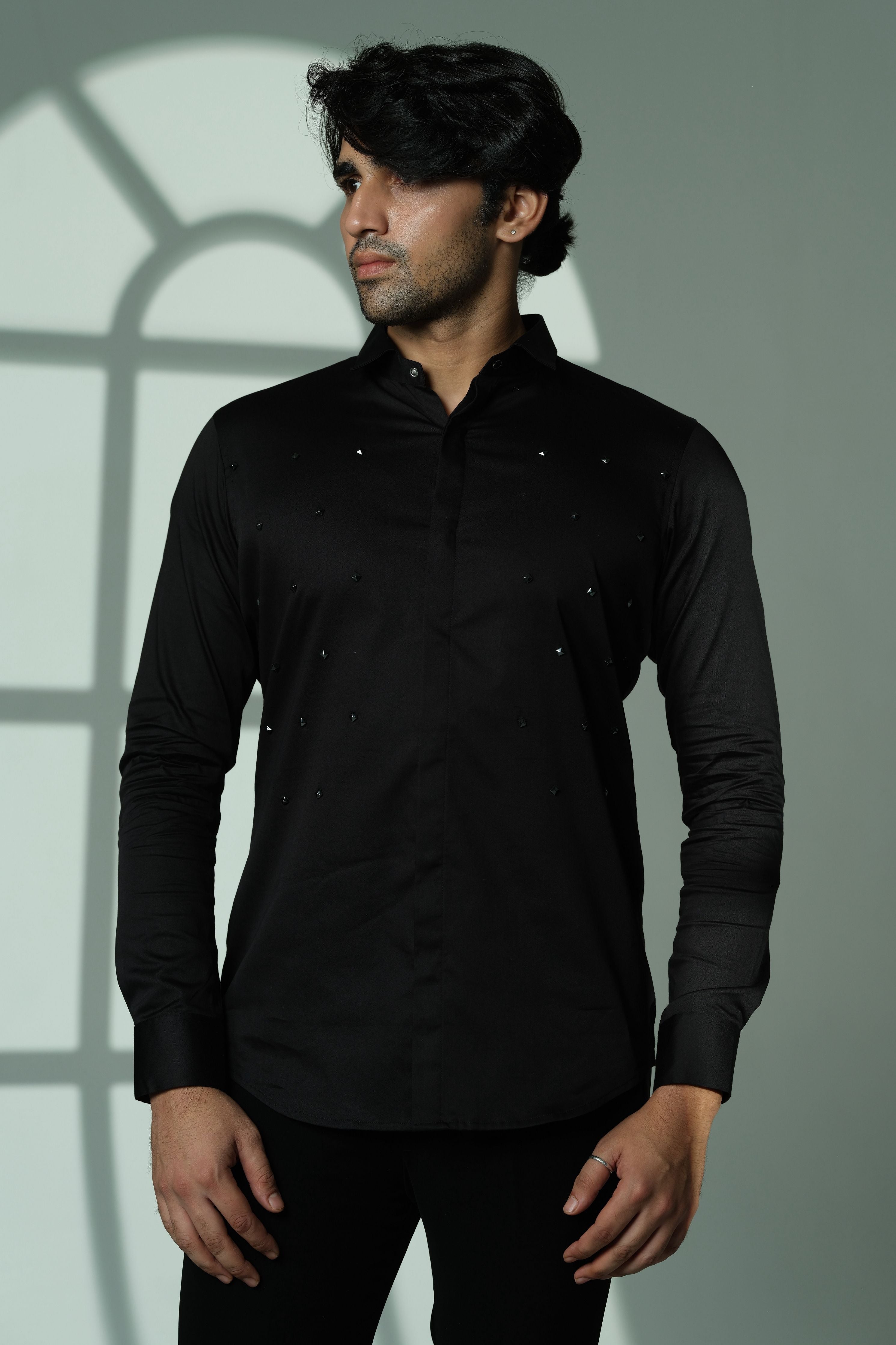 Pyramid Polka- Black Shirt With Onyx Stud Embellisment