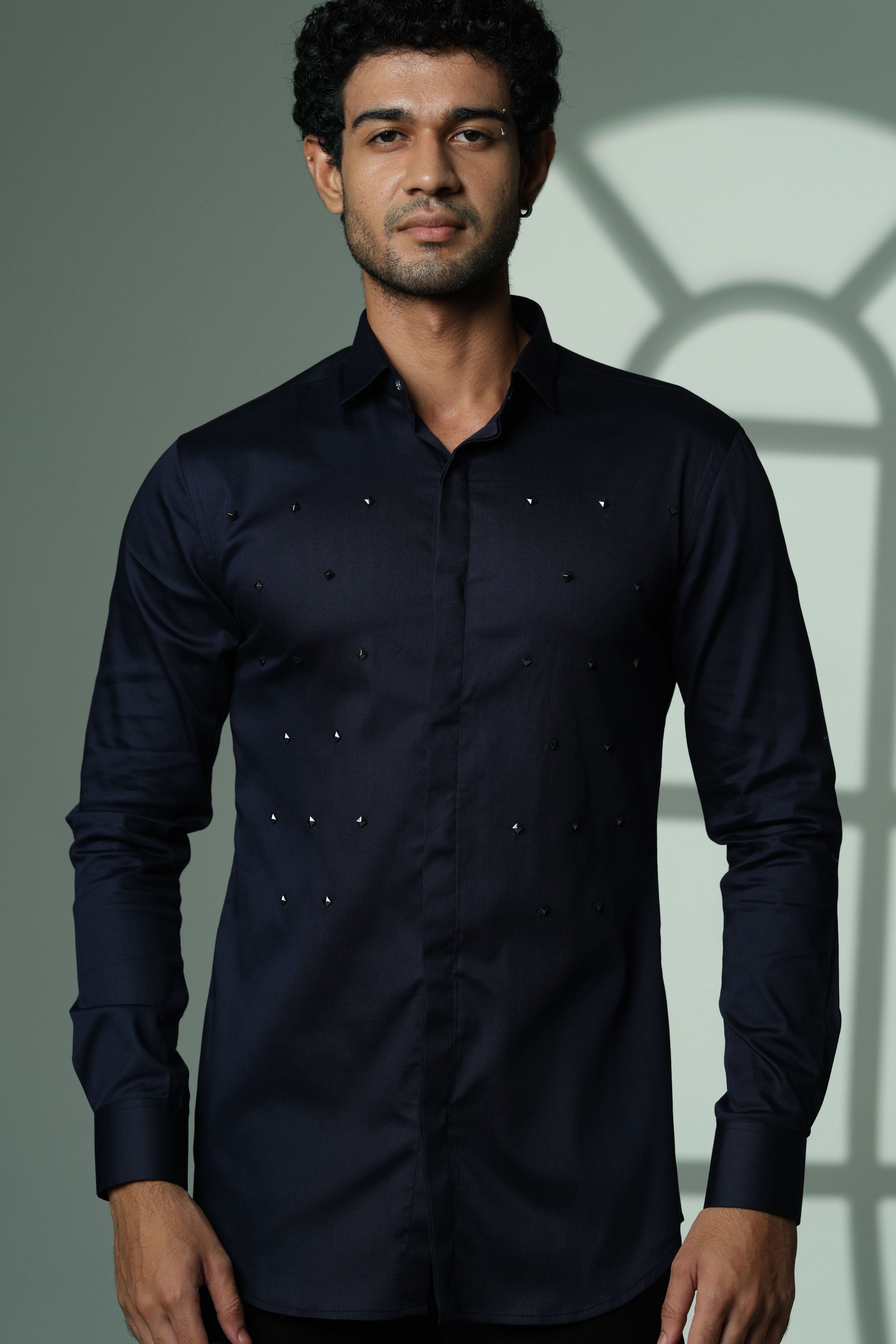 Pyramid Polka- Navy Blue Shirt With Onyx Stud Embellisment