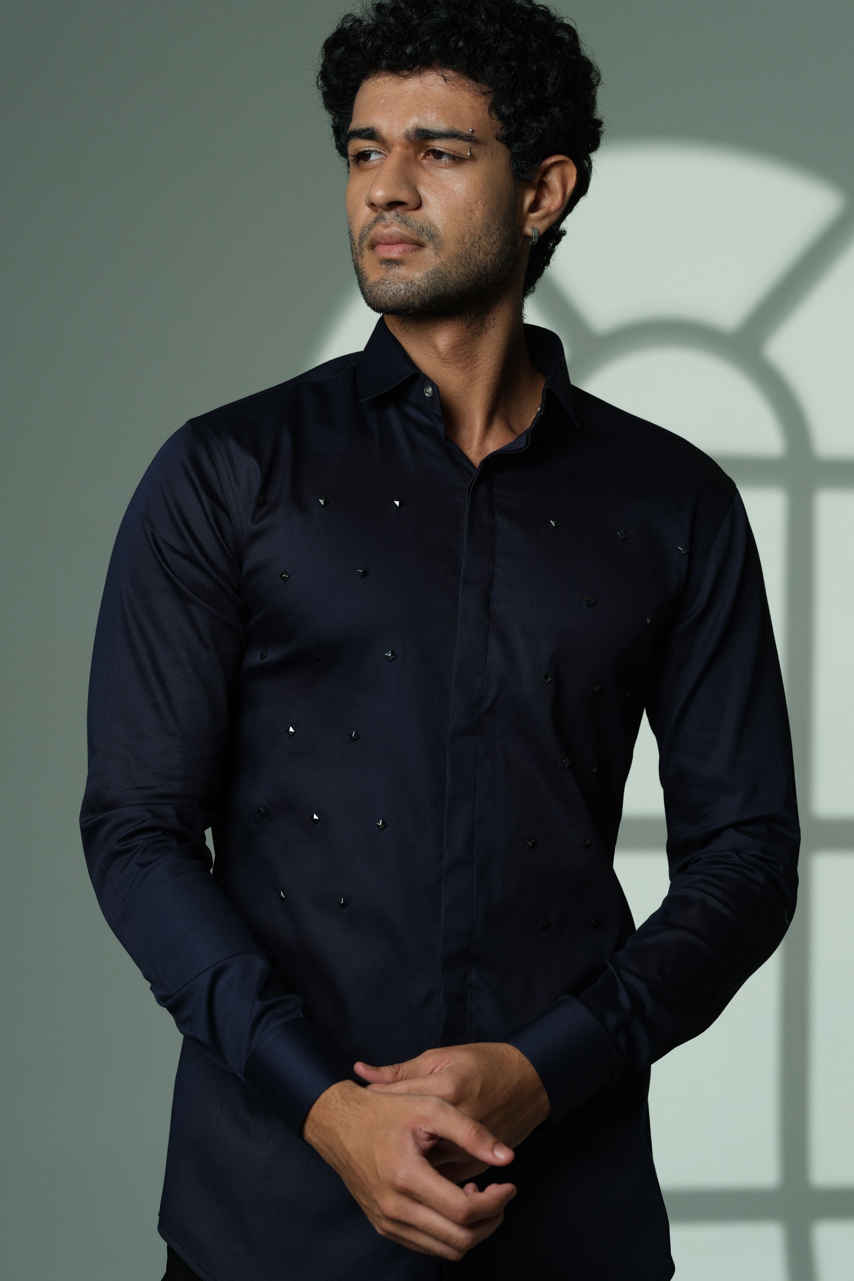 Pyramid Polka- Navy Blue Shirt With Onyx Stud Embellisment