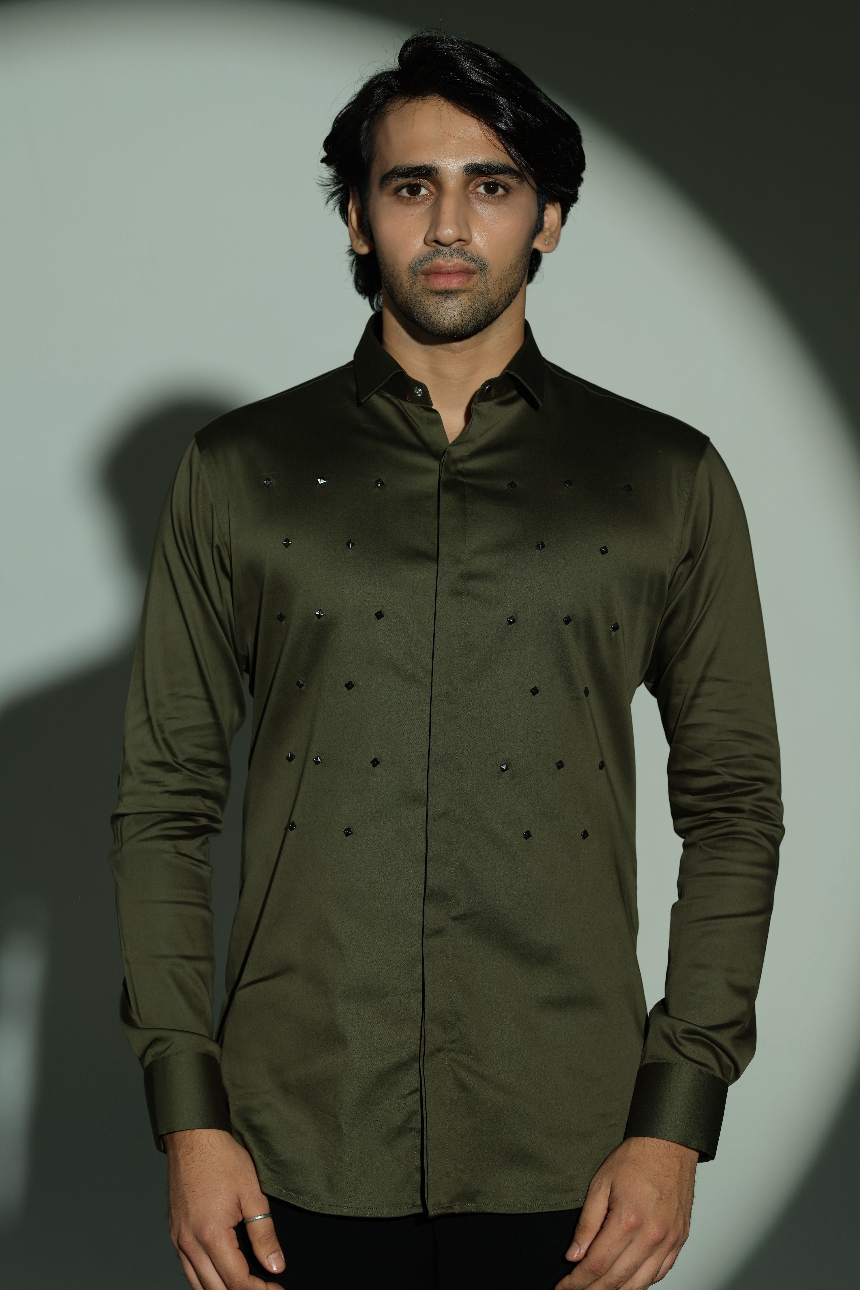 Pyramid Polka- Olive Green Shirt With Onyx Stud Embellisment