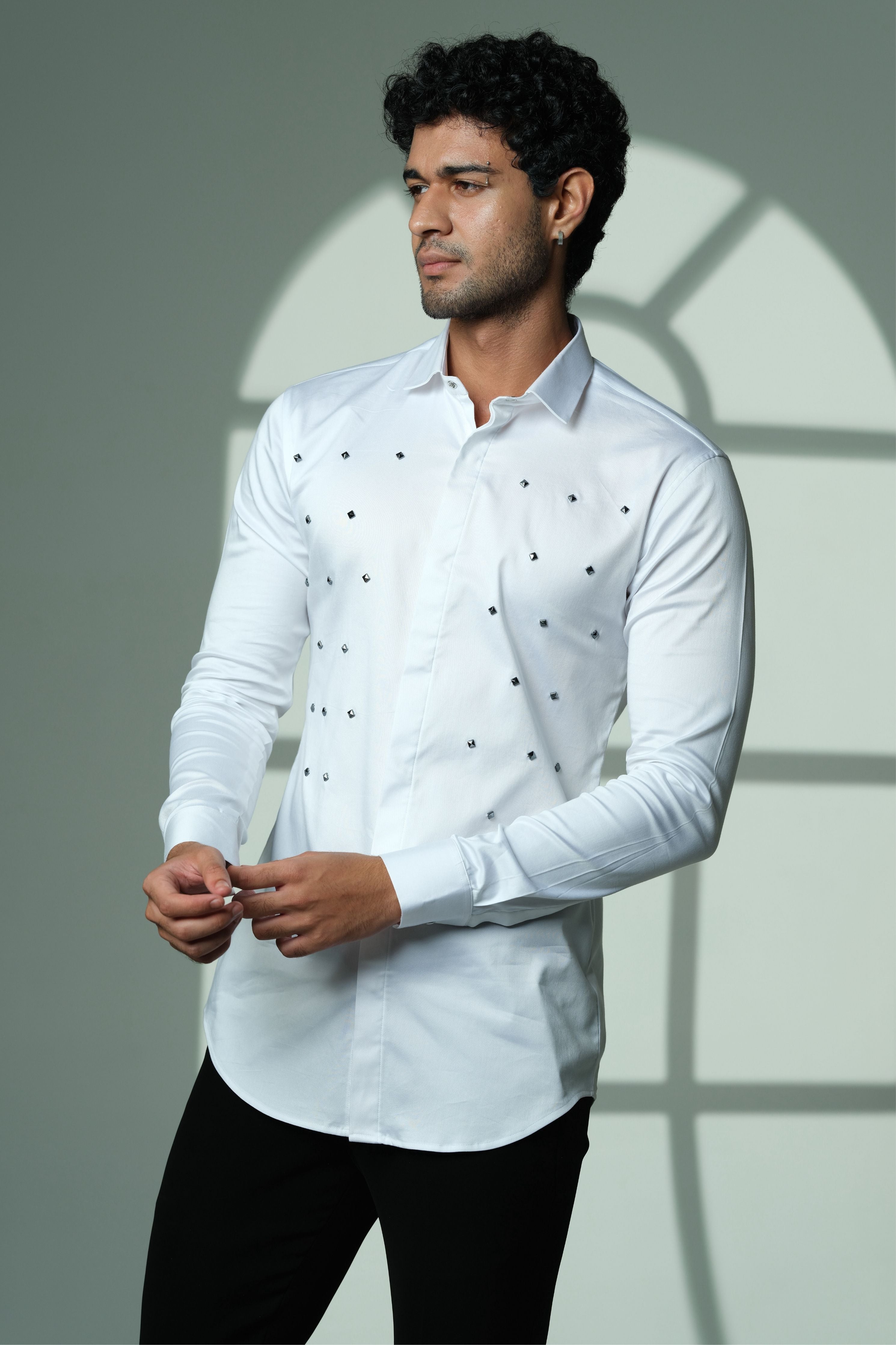 Pyramid Polka- White Shirt With Onyx Stud Embellisment