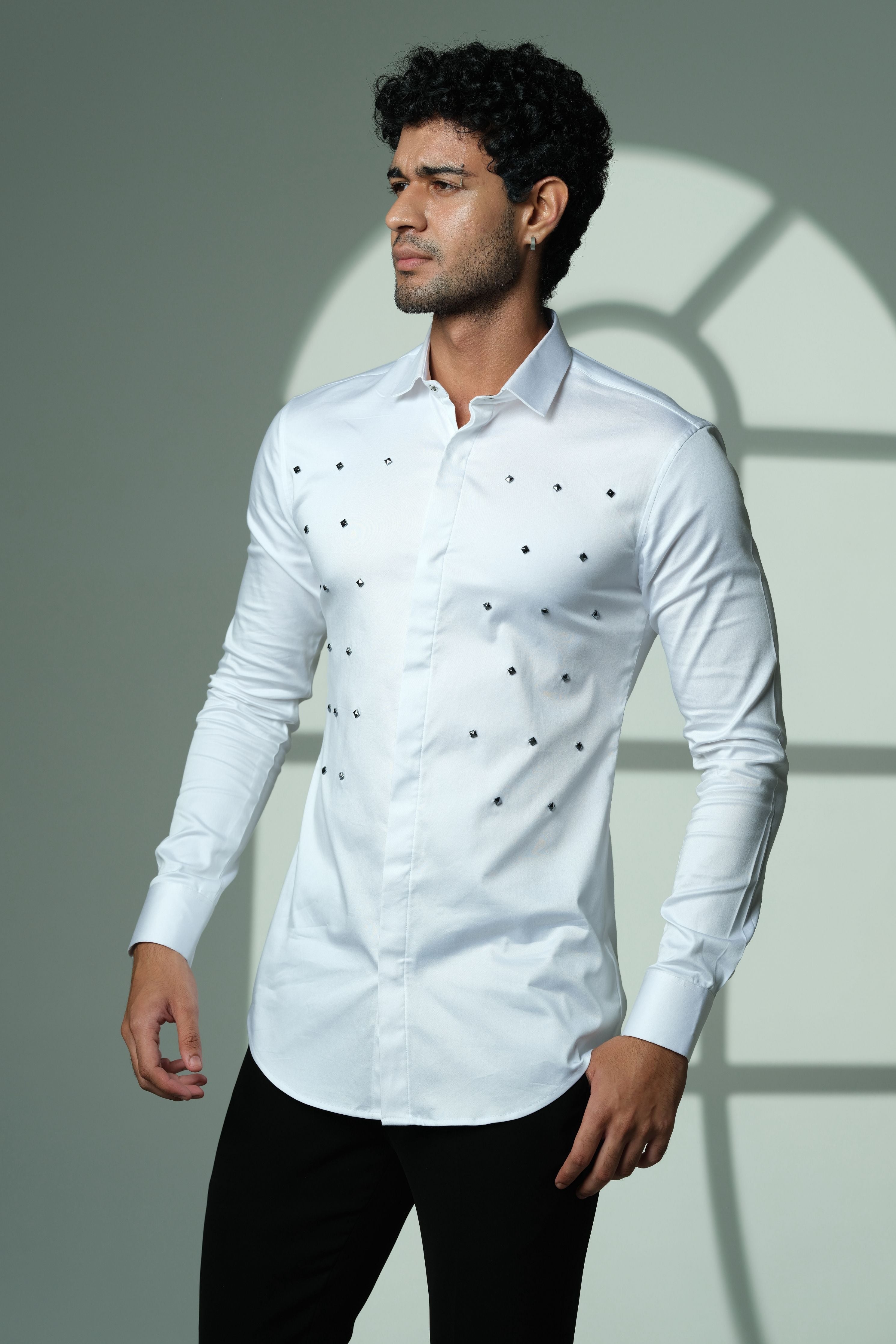 Pyramid Polka- White Shirt With Onyx Stud Embellisment