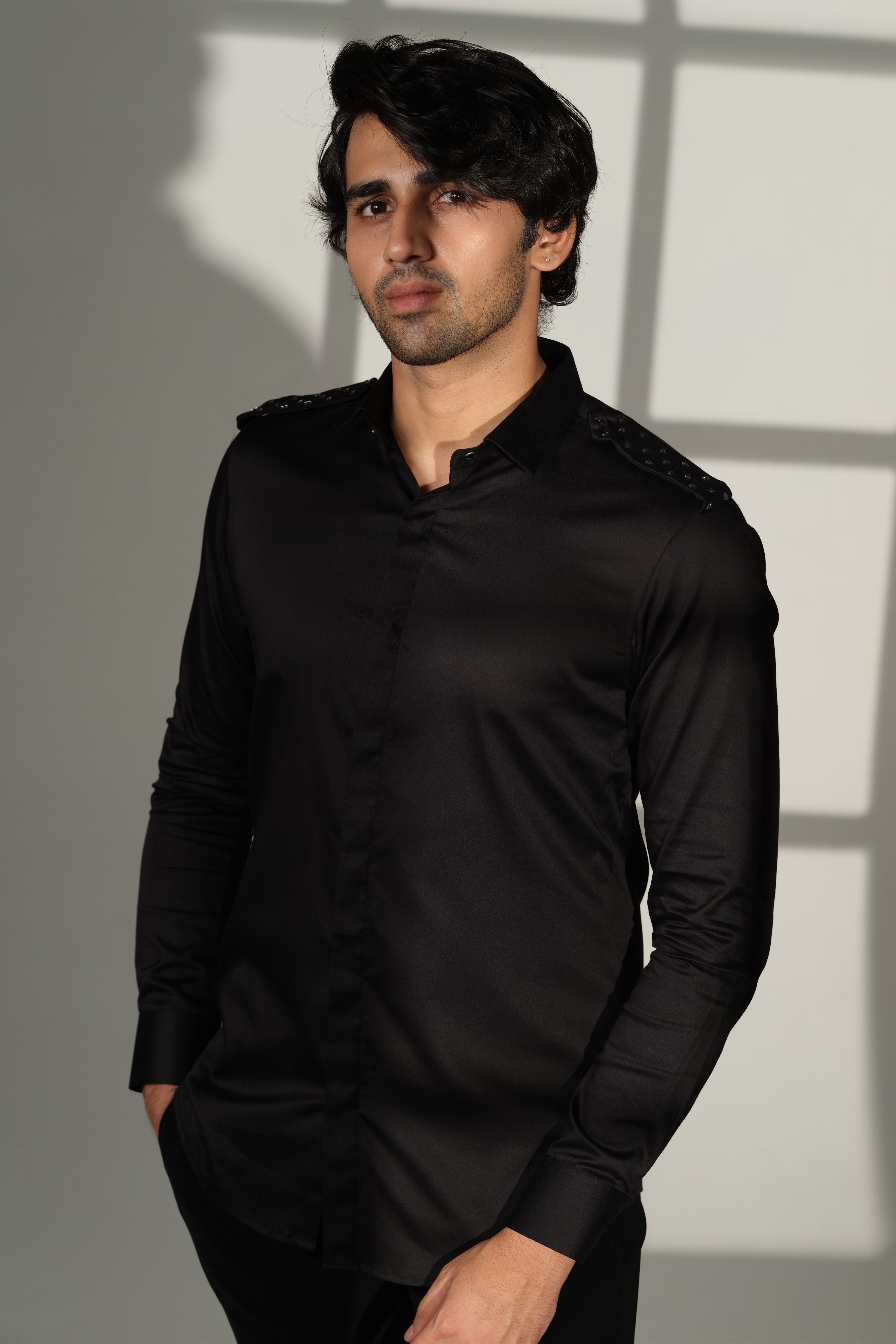 Black Shirt With Star Studded Shoulder Flaps