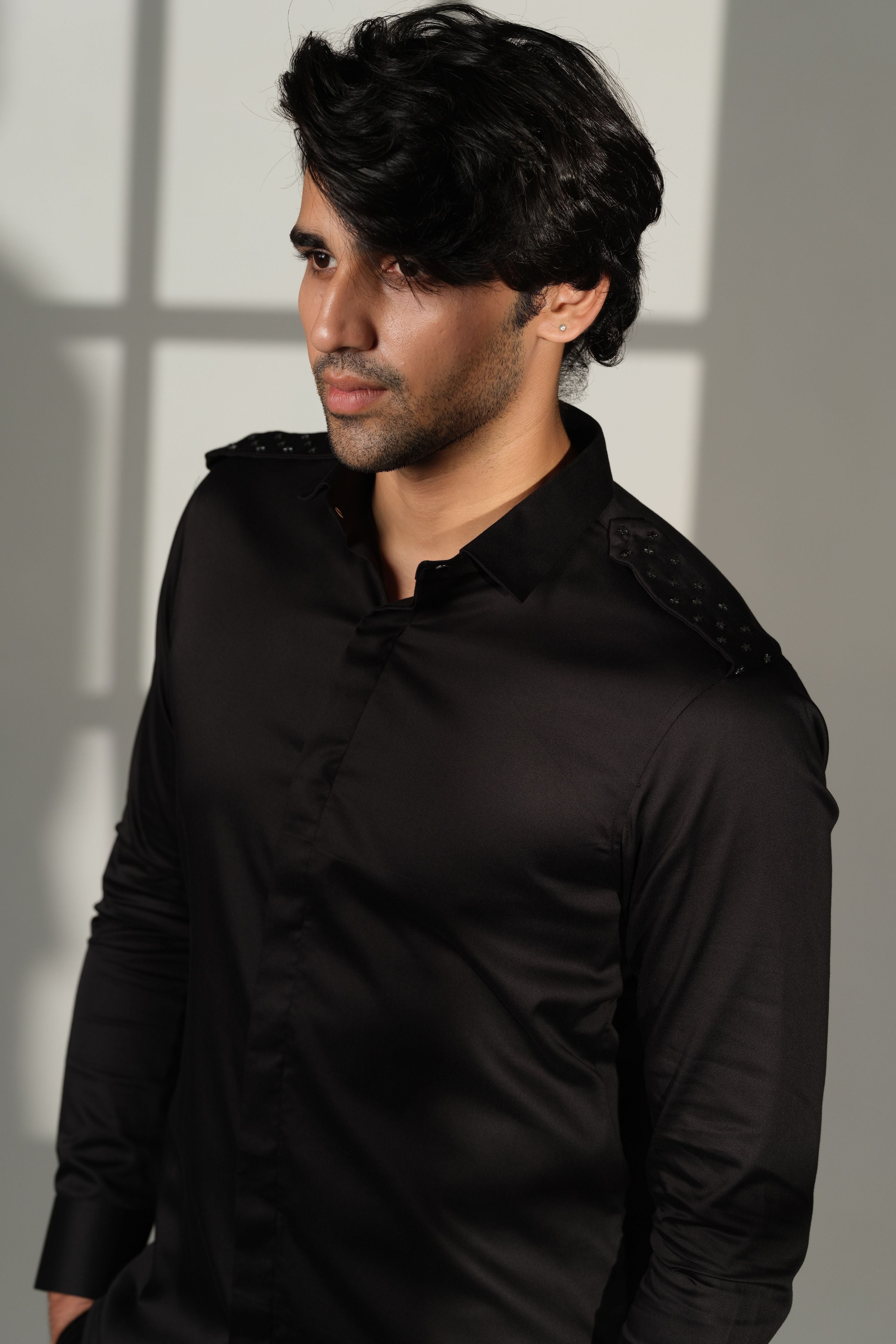 Black Shirt With Star Studded Shoulder Flaps