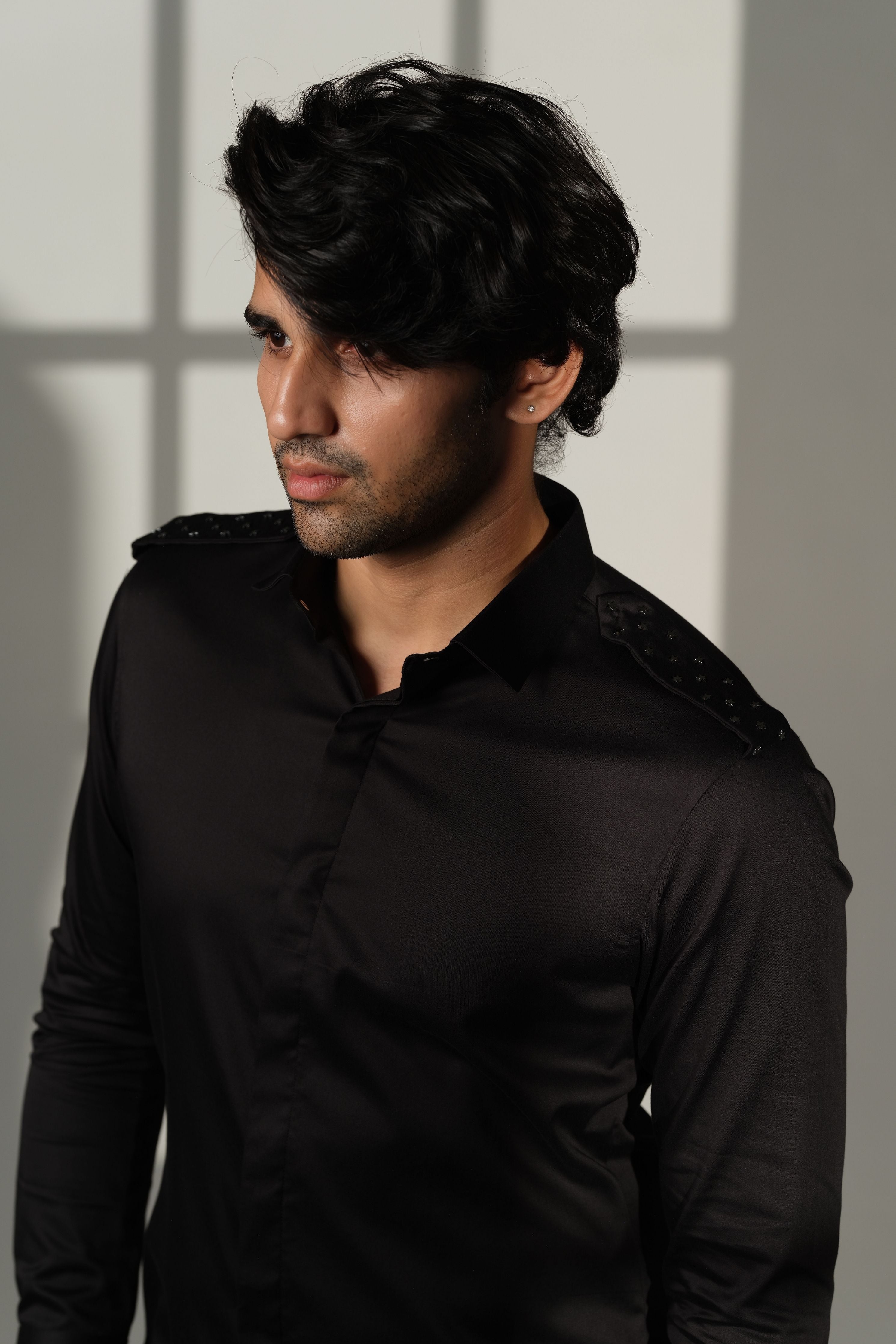 Black Shirt With Star Studded Shoulder Flaps