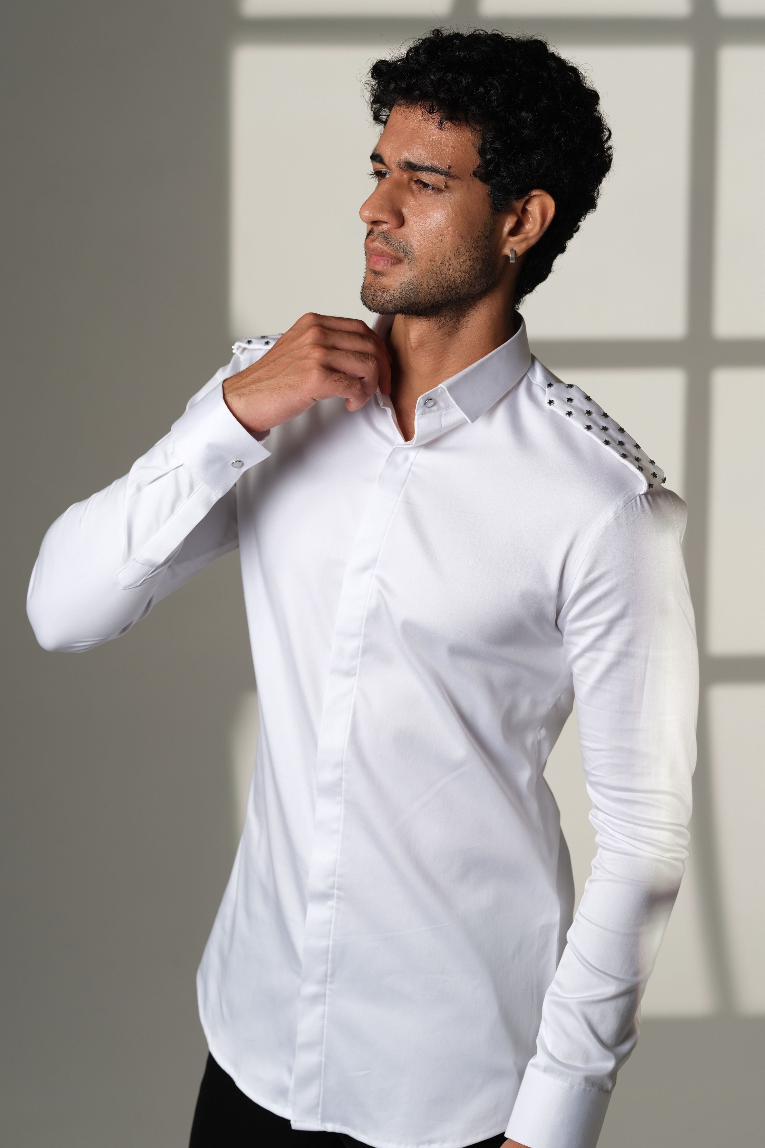 White Shirt With Star Studded Shoulder Flaps