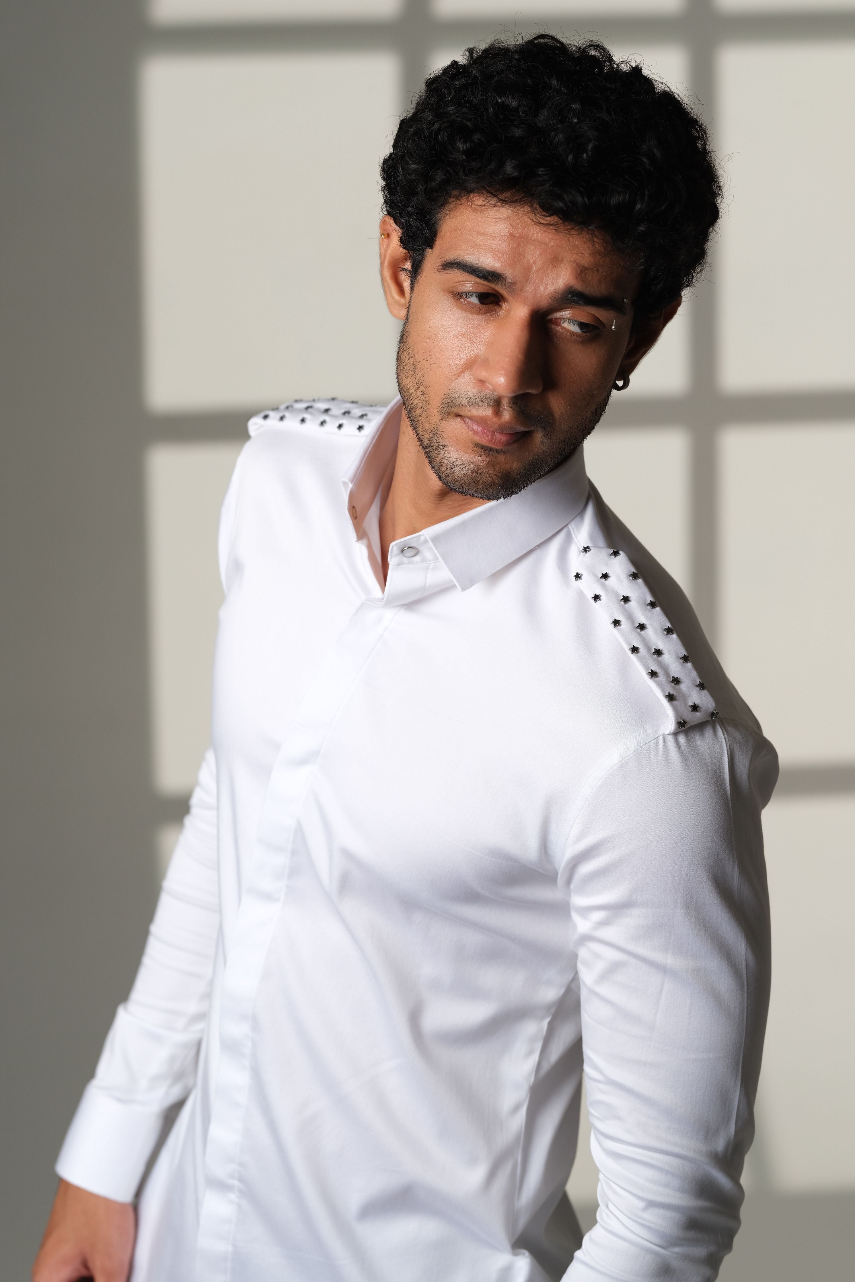 White Shirt With Star Studded Shoulder Flaps