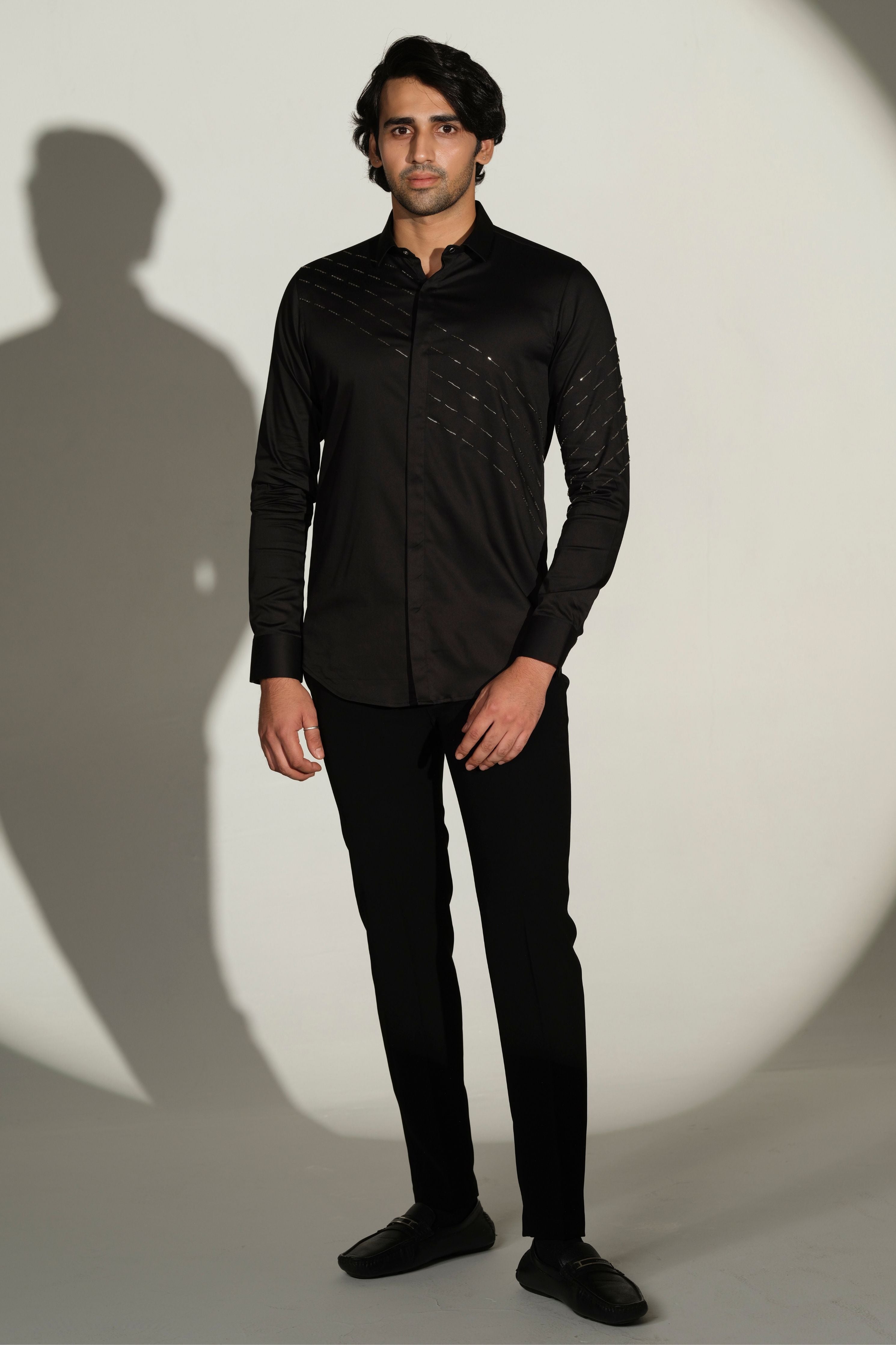 Black Shirt With Silver Slanting Sally Lines