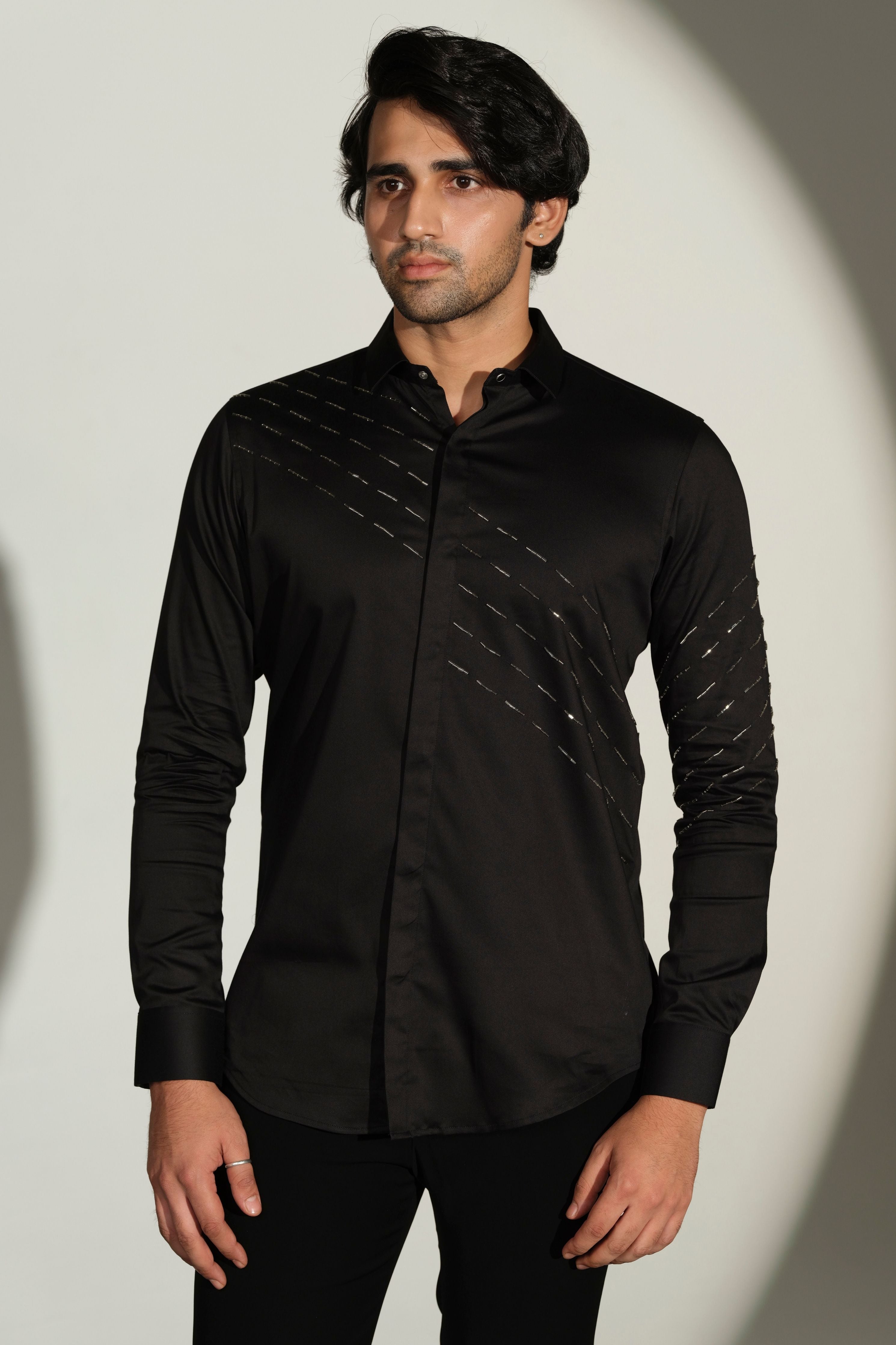 Black Shirt With Silver Slanting Sally Lines