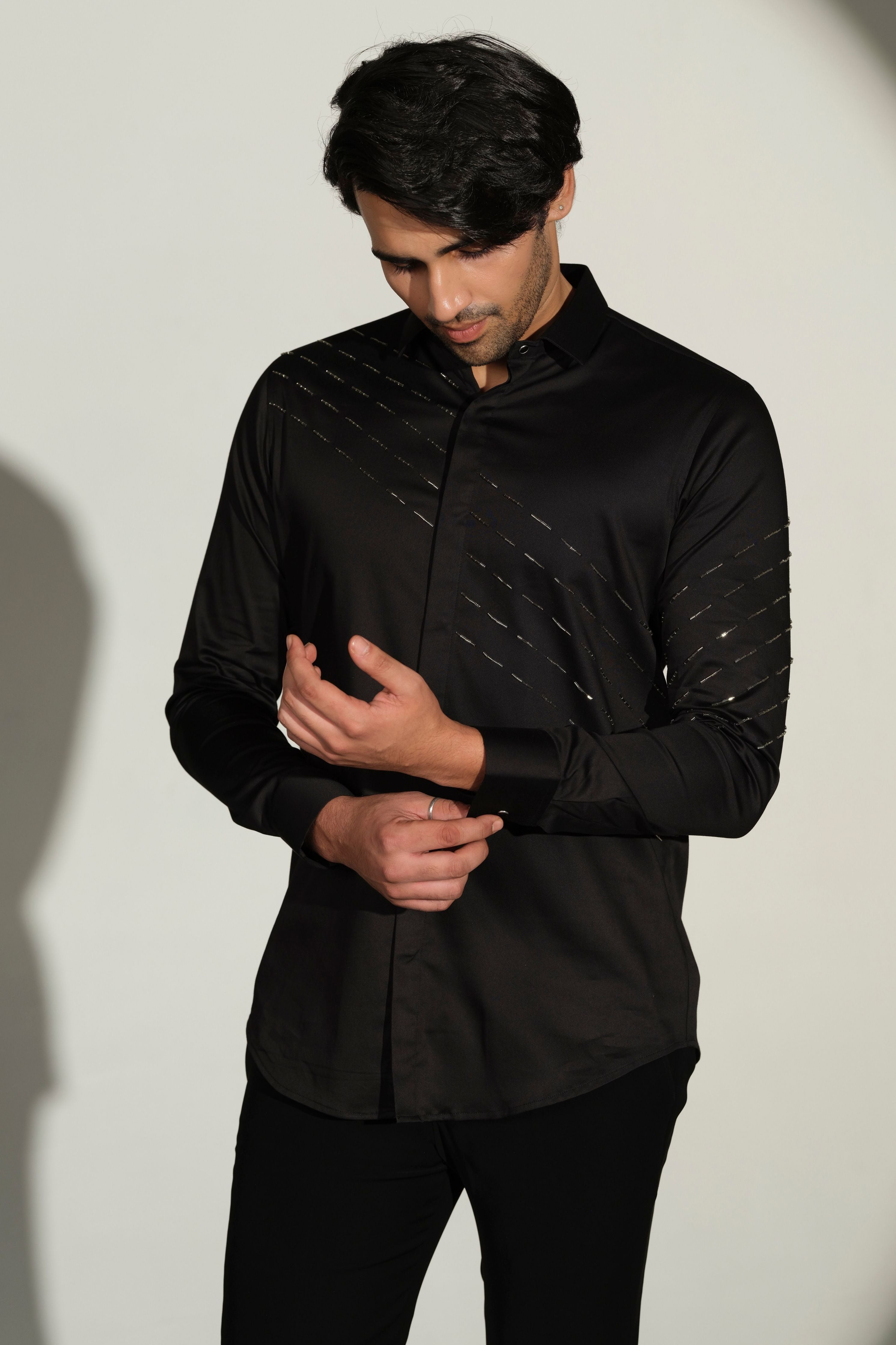 Black Shirt With Silver Slanting Sally Lines