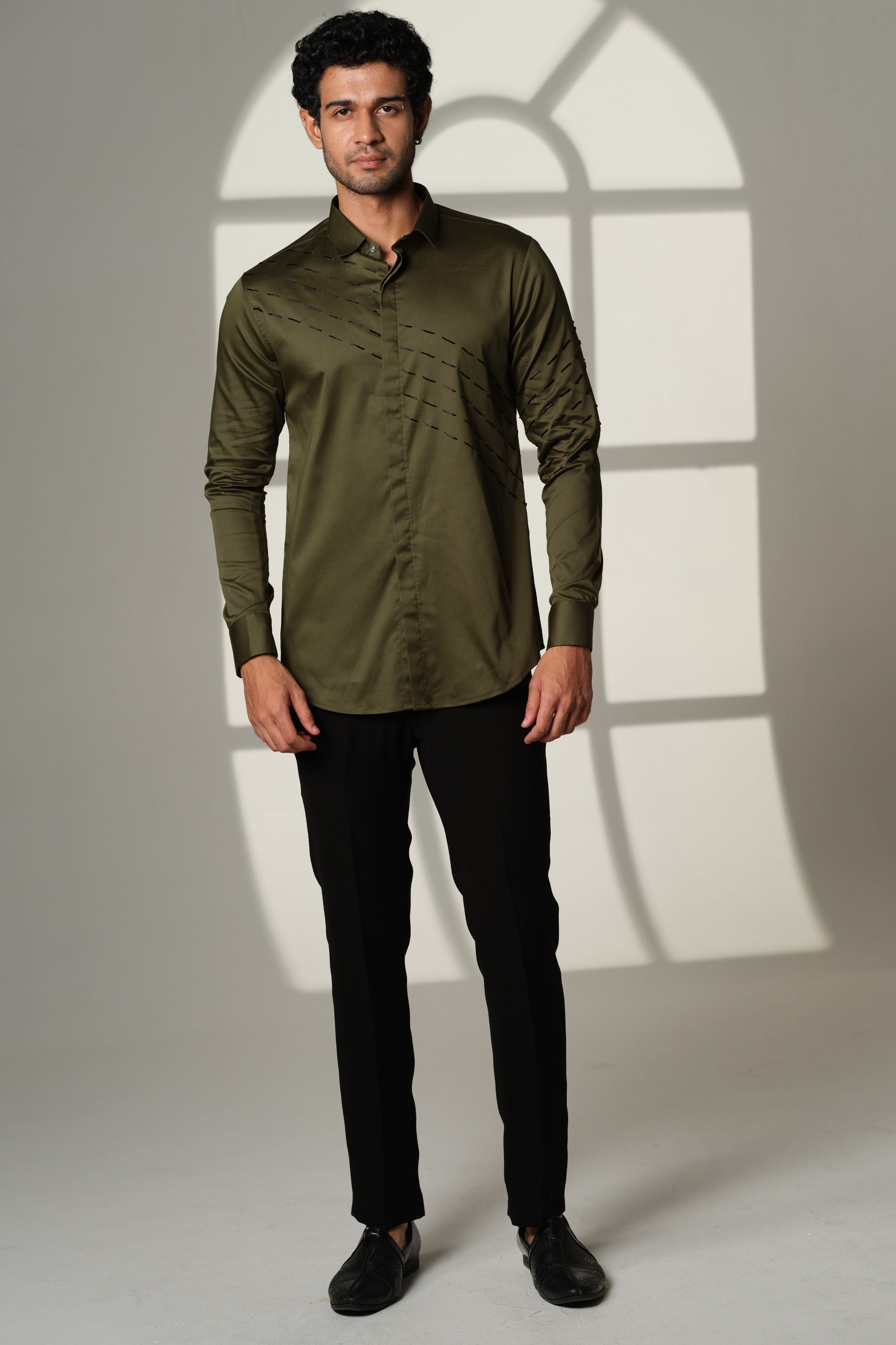 Olive Green Shirt With Black Slanting Sally Lines