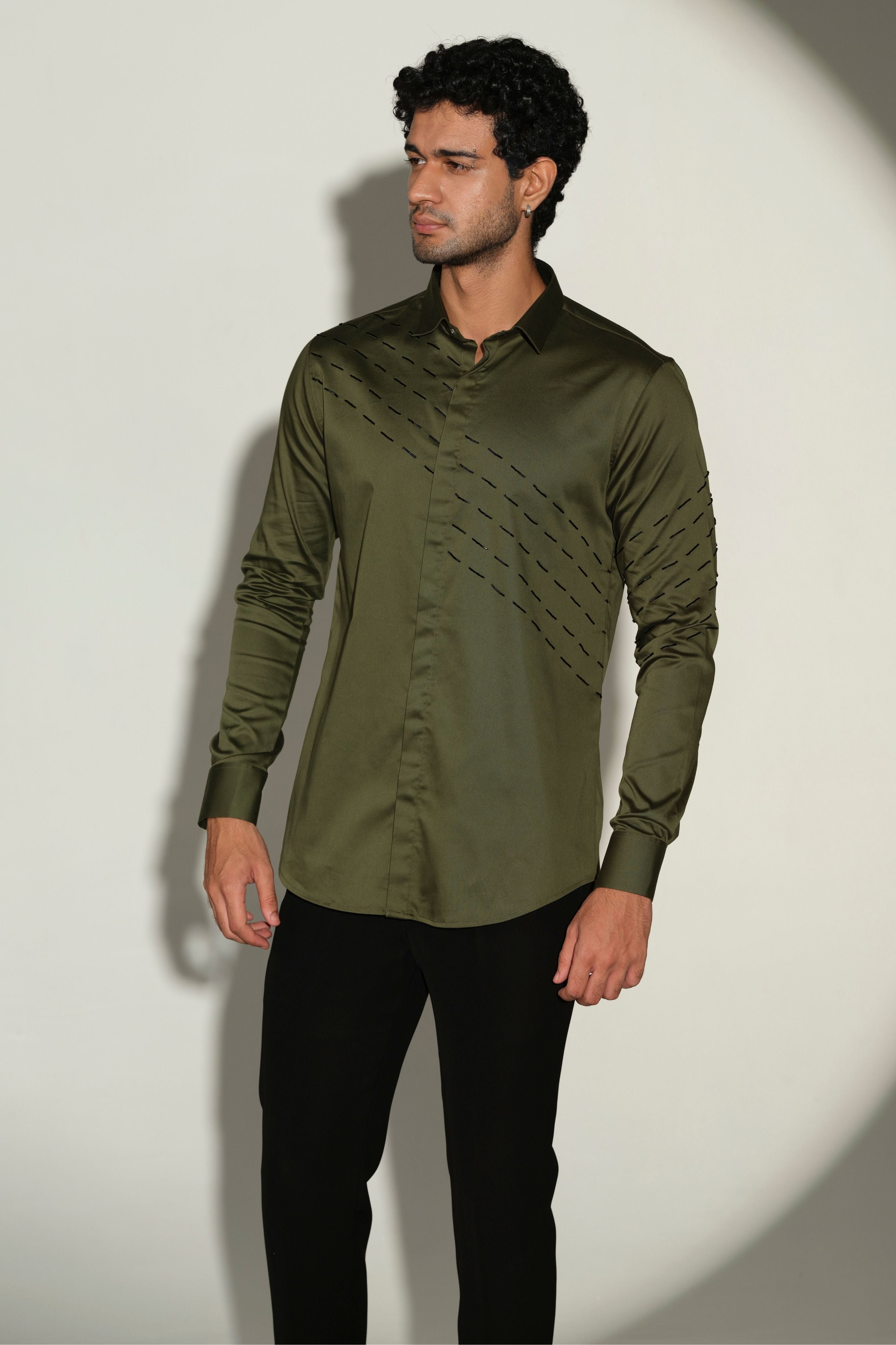 Olive Green Shirt With Black Slanting Sally Lines