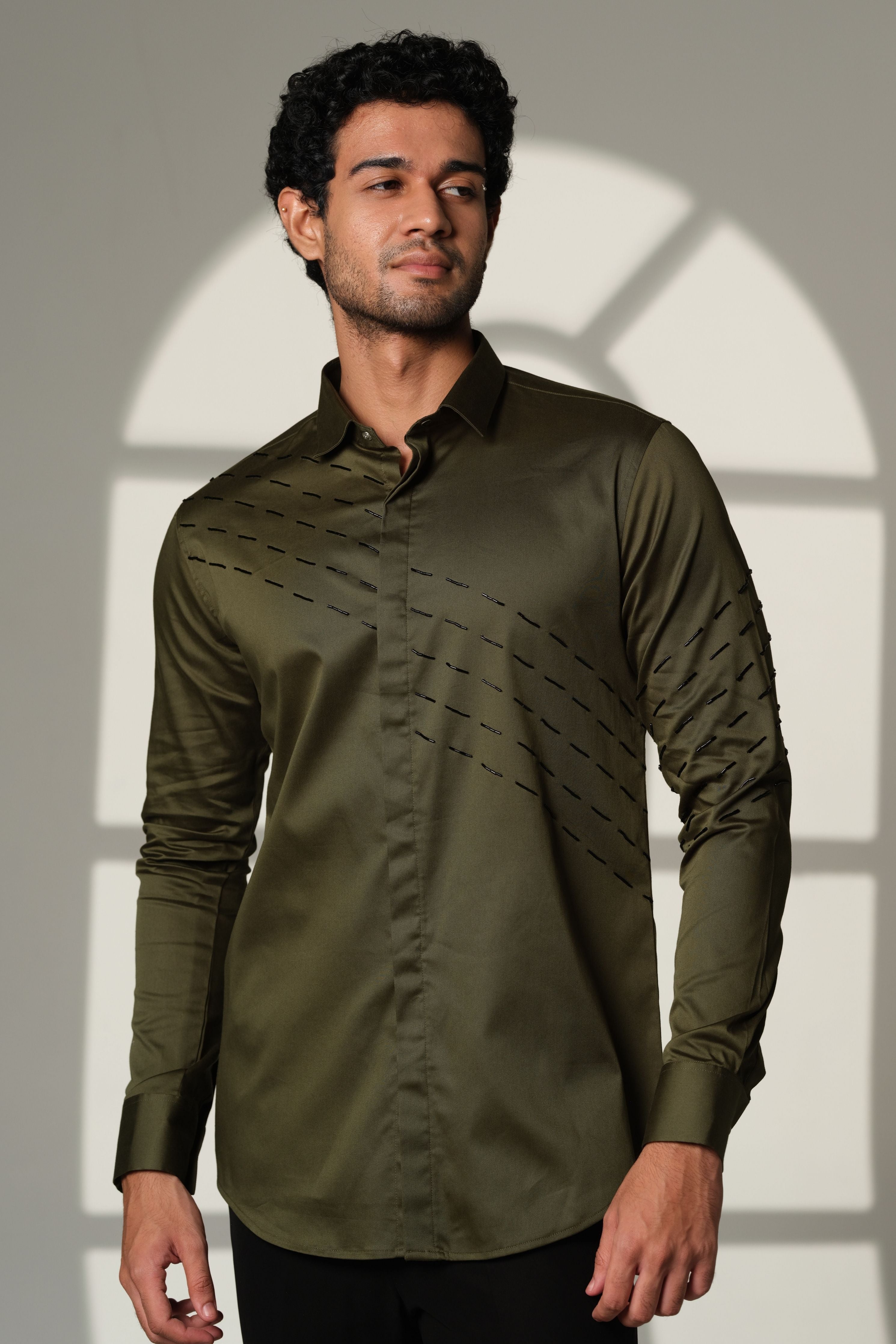 Olive Green Shirt With Black Slanting Sally Lines