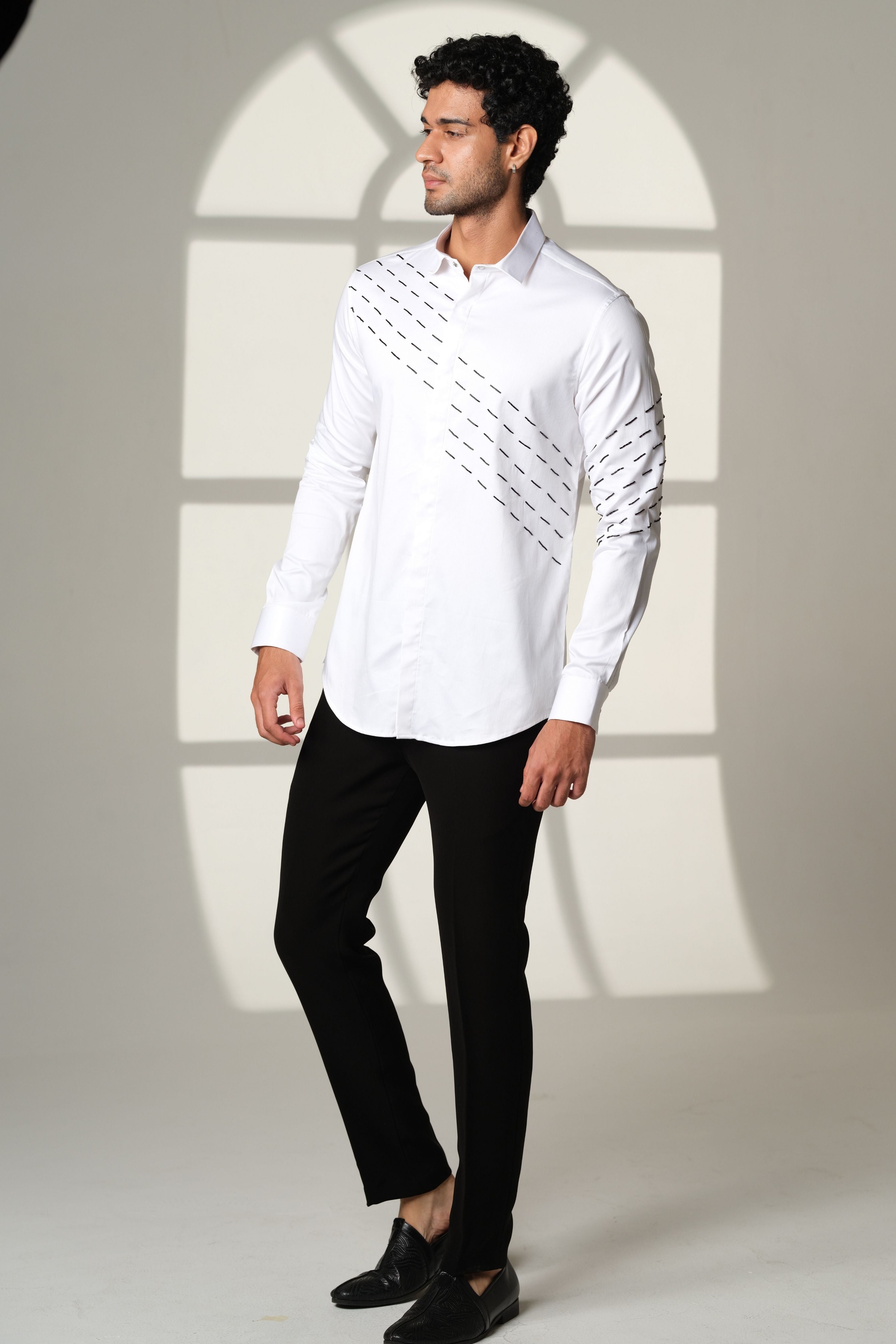 White Shirt With Black Slanting Sally Lines