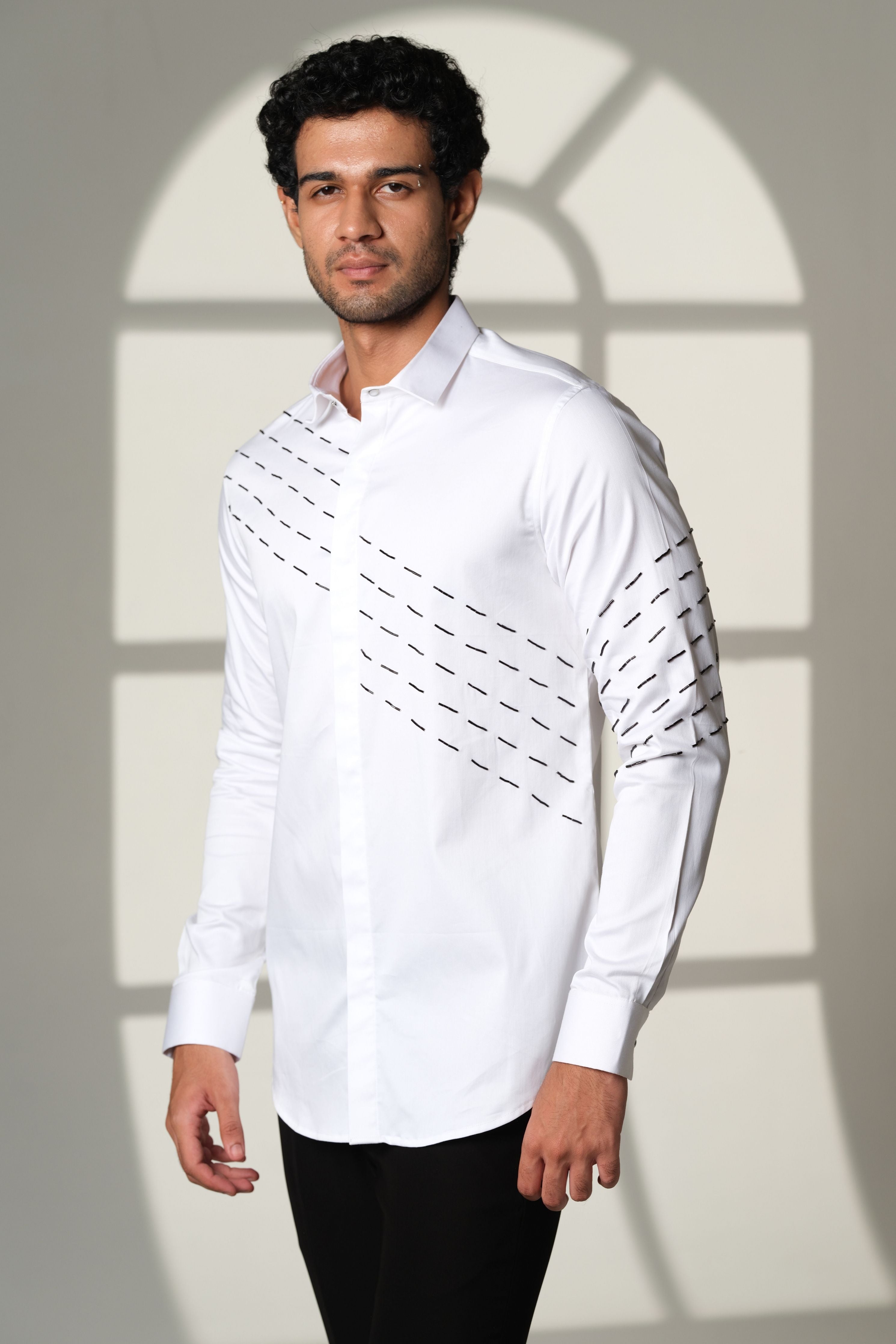 White Shirt With Black Slanting Sally Lines