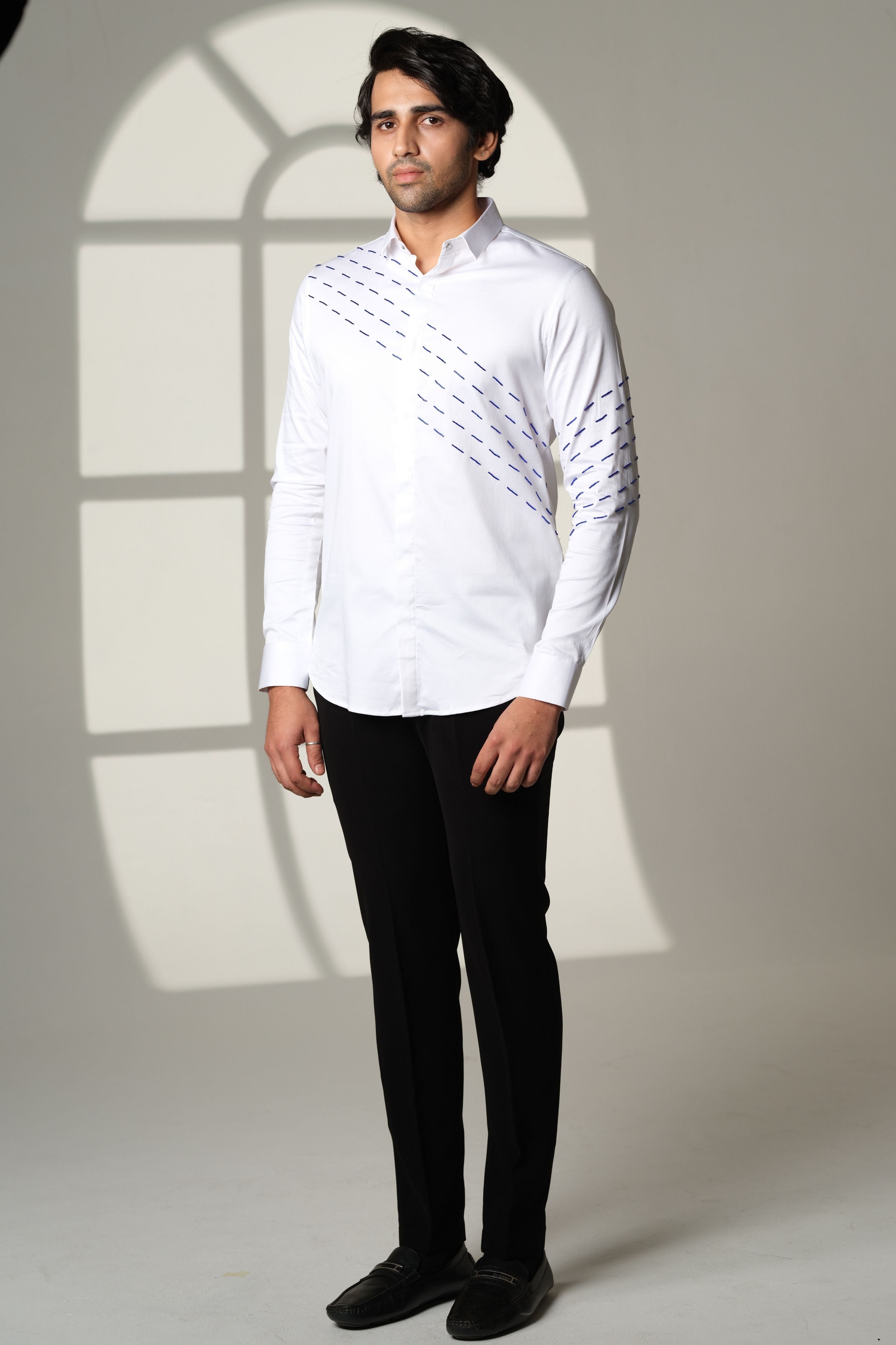White Shirt With Blue Slanting Sally Lines