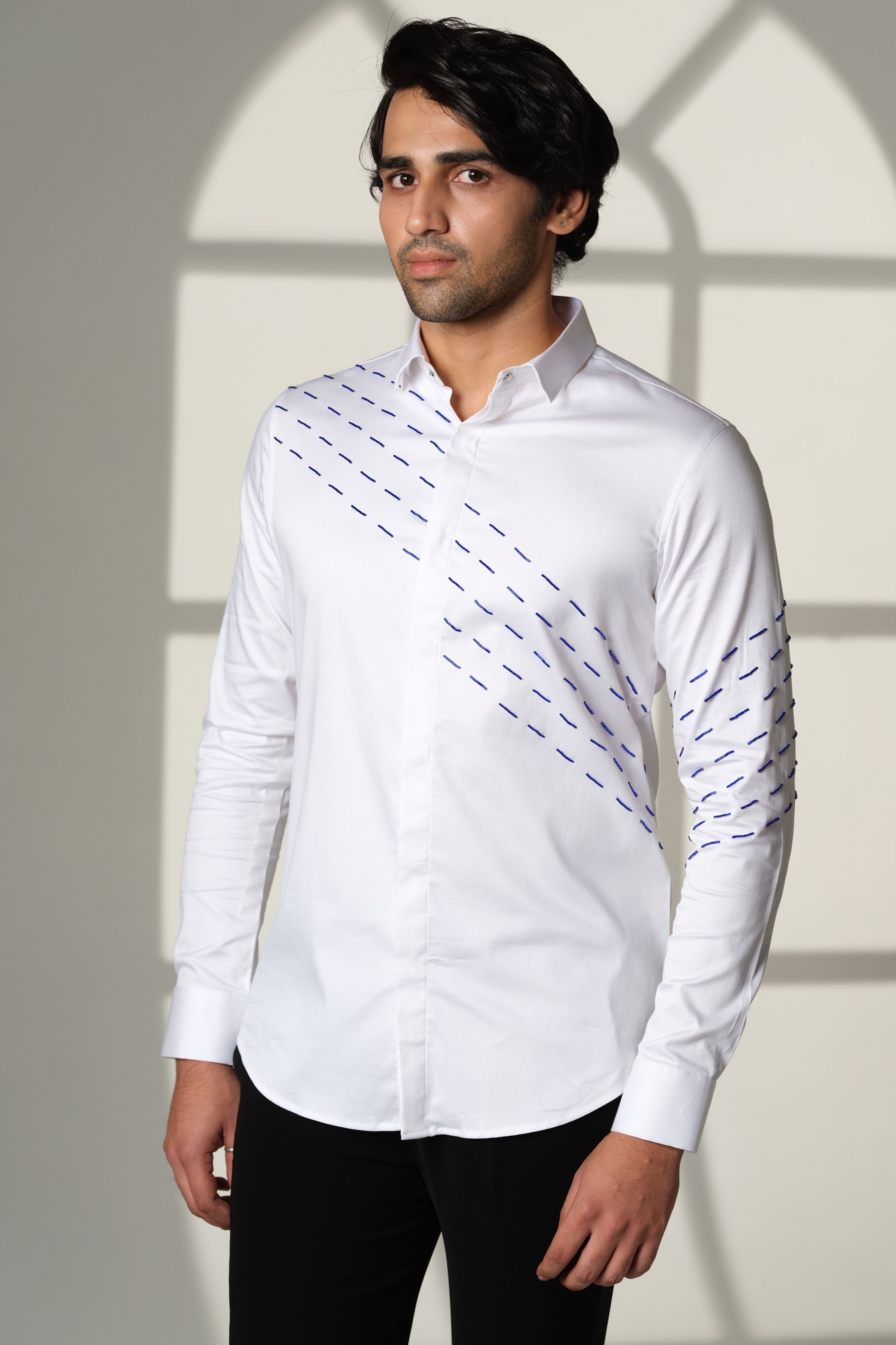 White Shirt With Blue Slanting Sally Lines