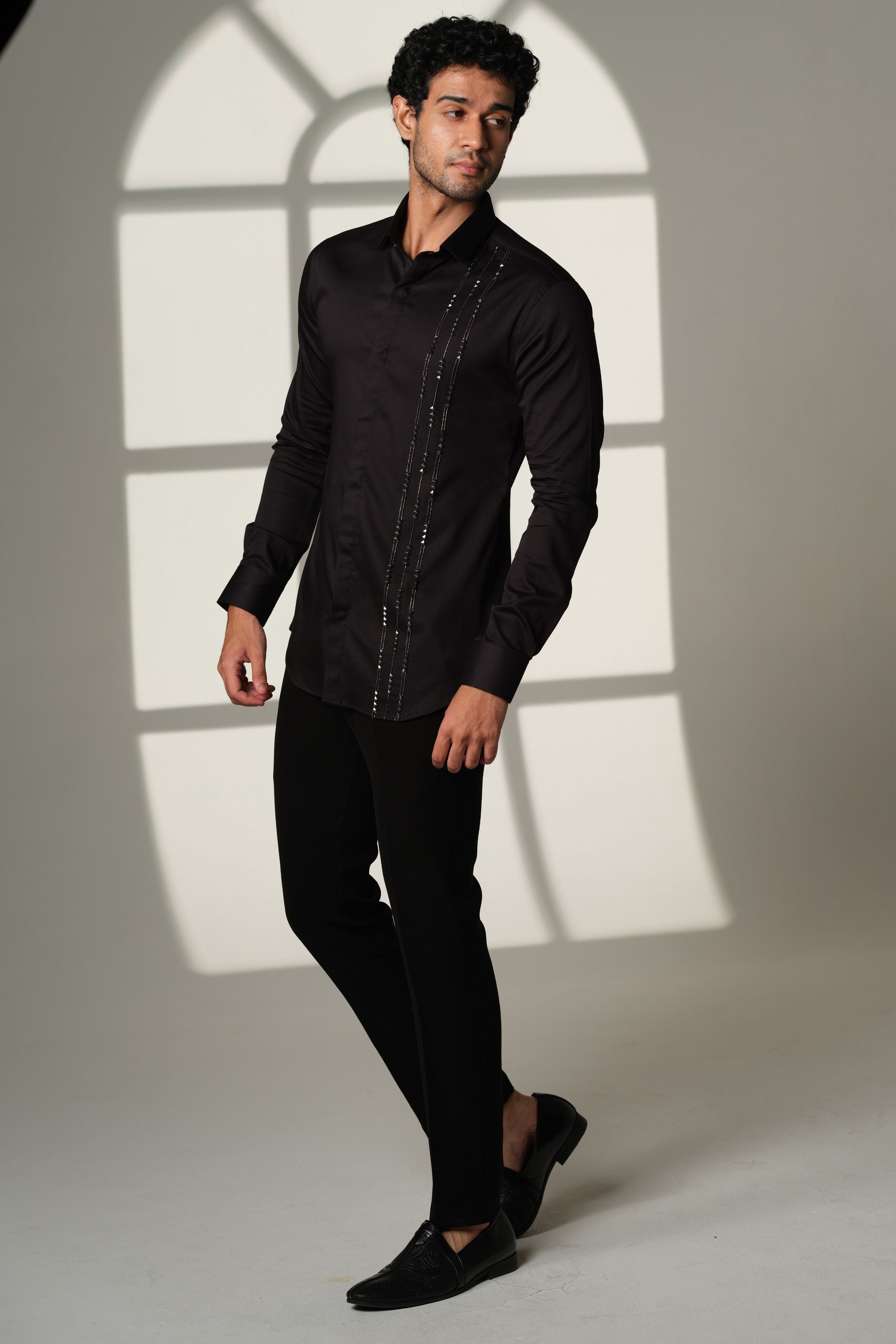 Black Shirt With Pyramid Gunmetal Cutdana Lines