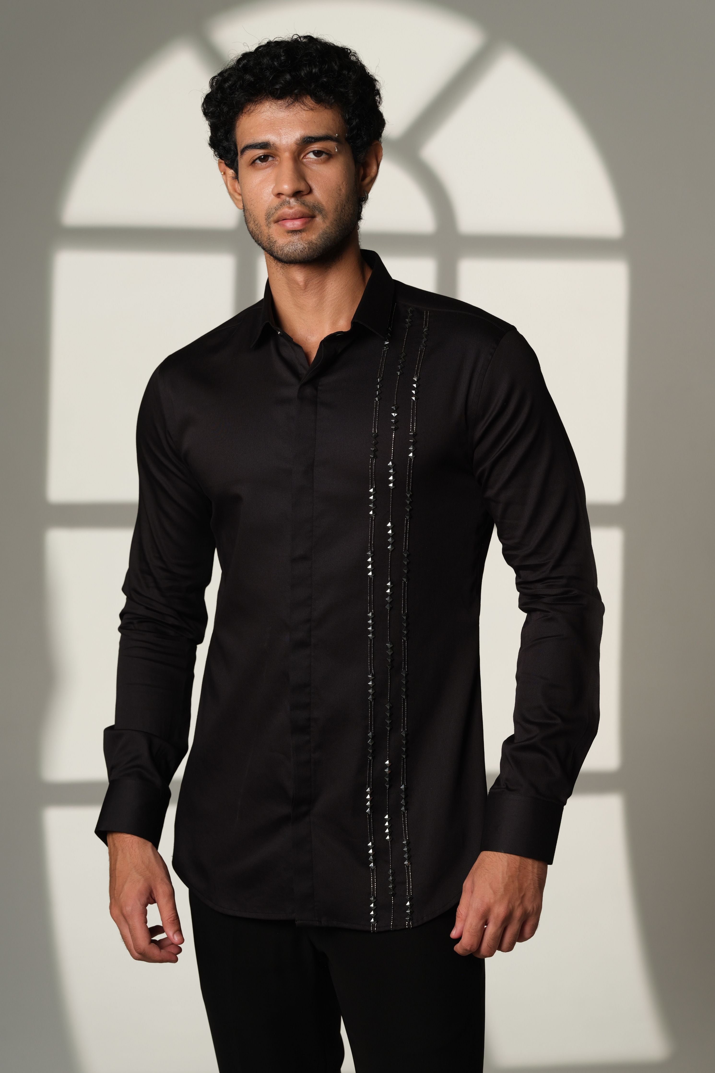 Black Shirt With Pyramid Gunmetal Cutdana Lines