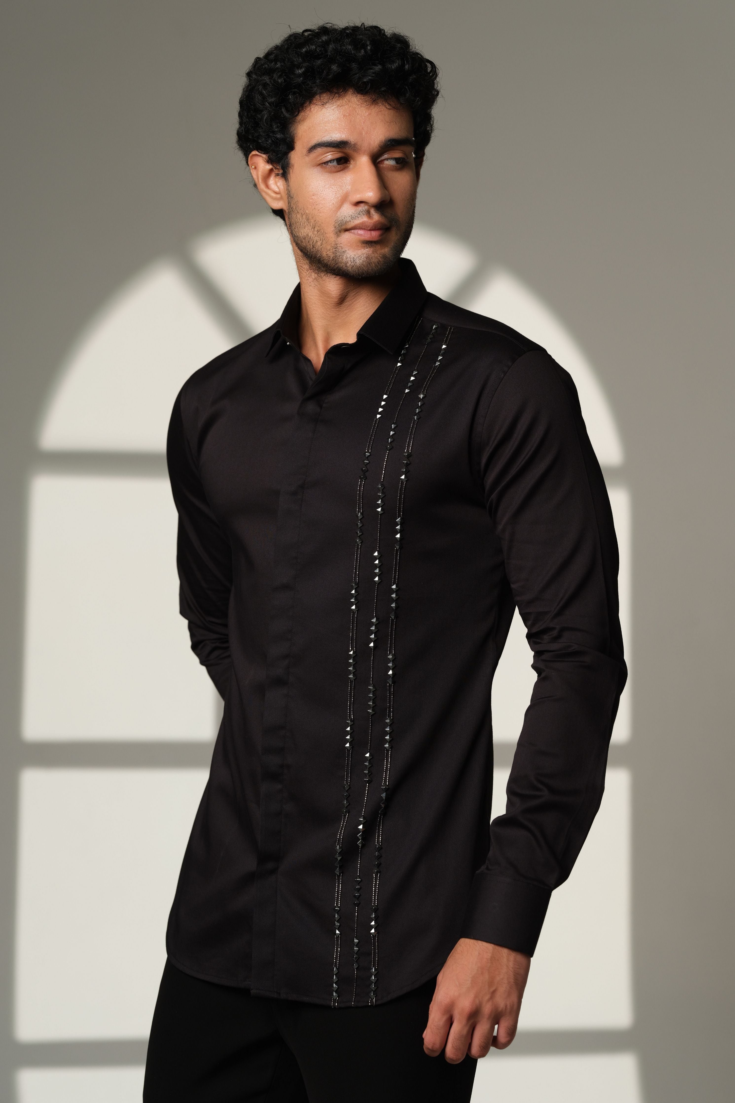 Black Shirt With Pyramid Gunmetal Cutdana Lines