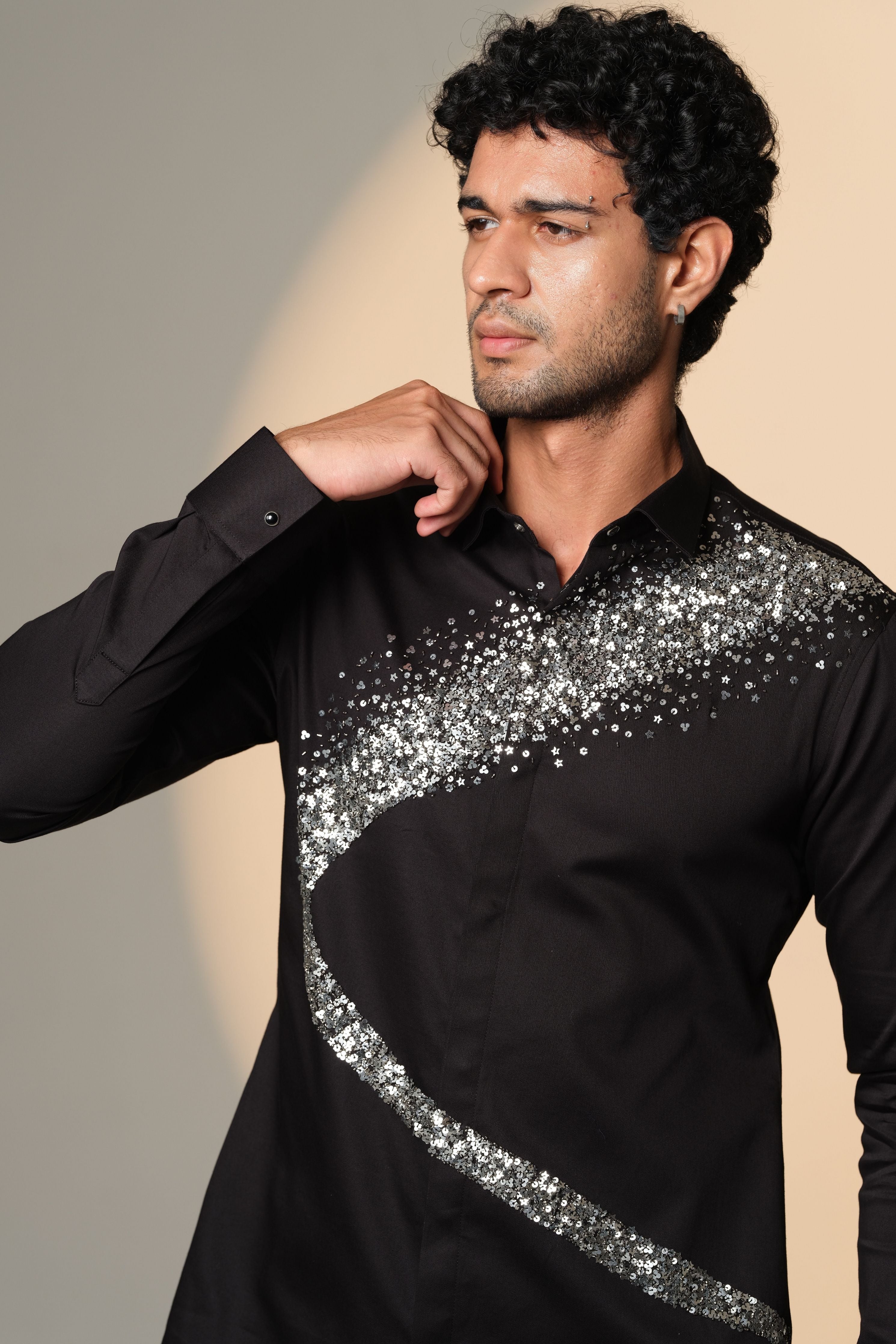 Black Shirt With Galaxy Curve Embellished