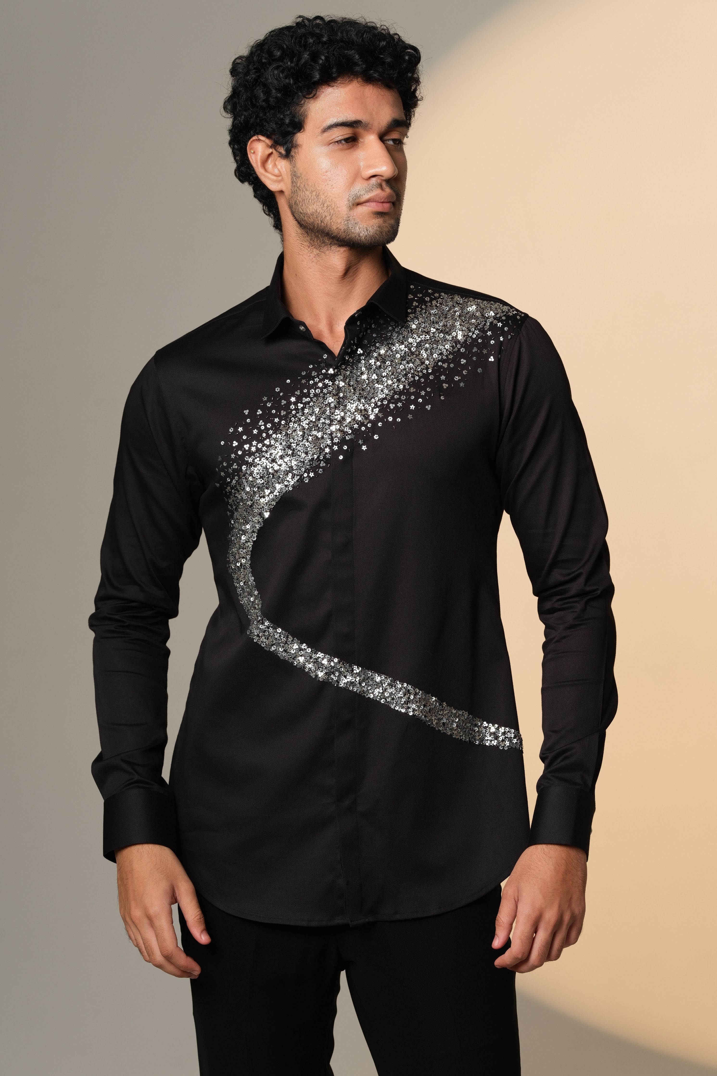 Black Shirt With Galaxy Curve Embellished