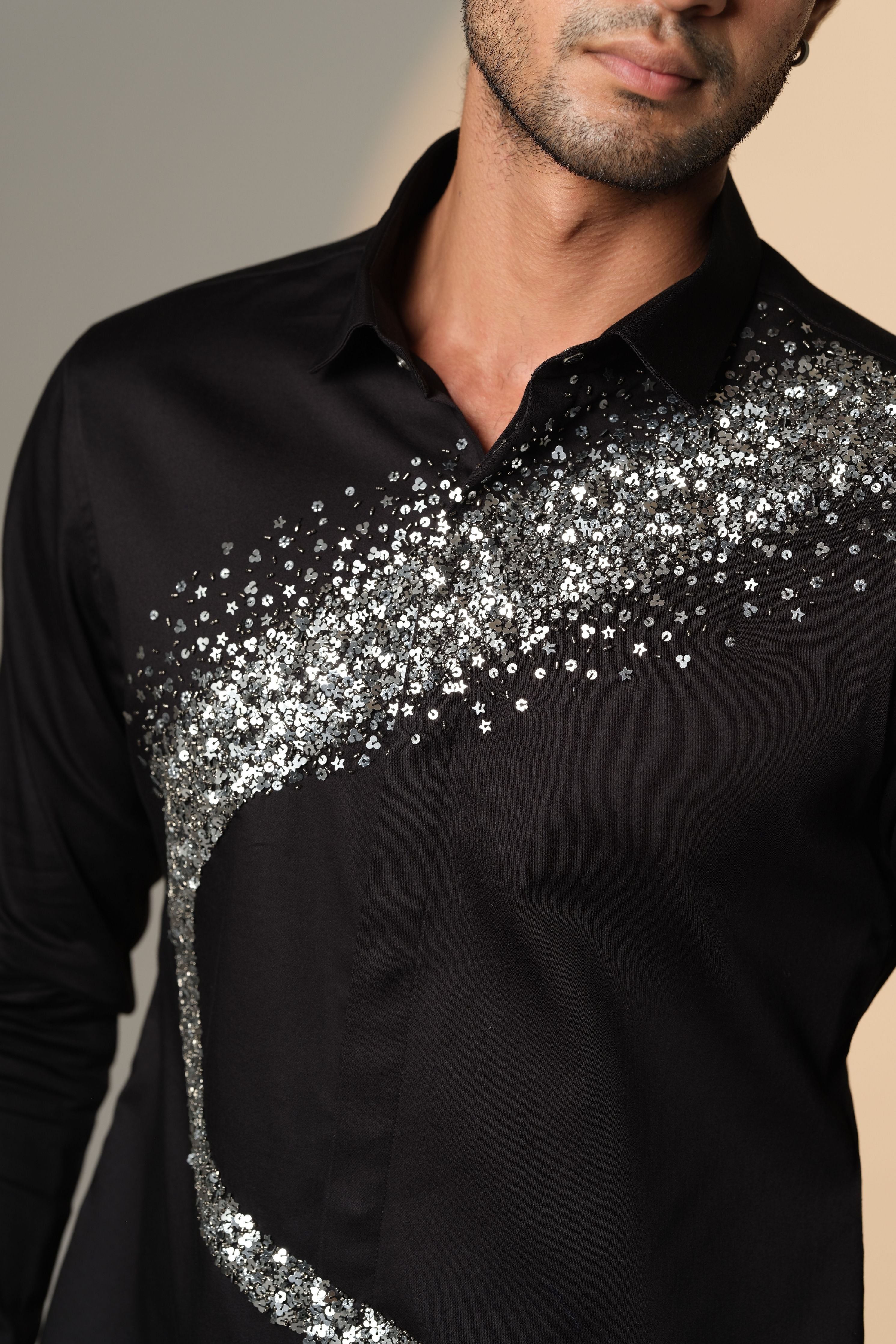 Black Shirt With Galaxy Curve Embellished