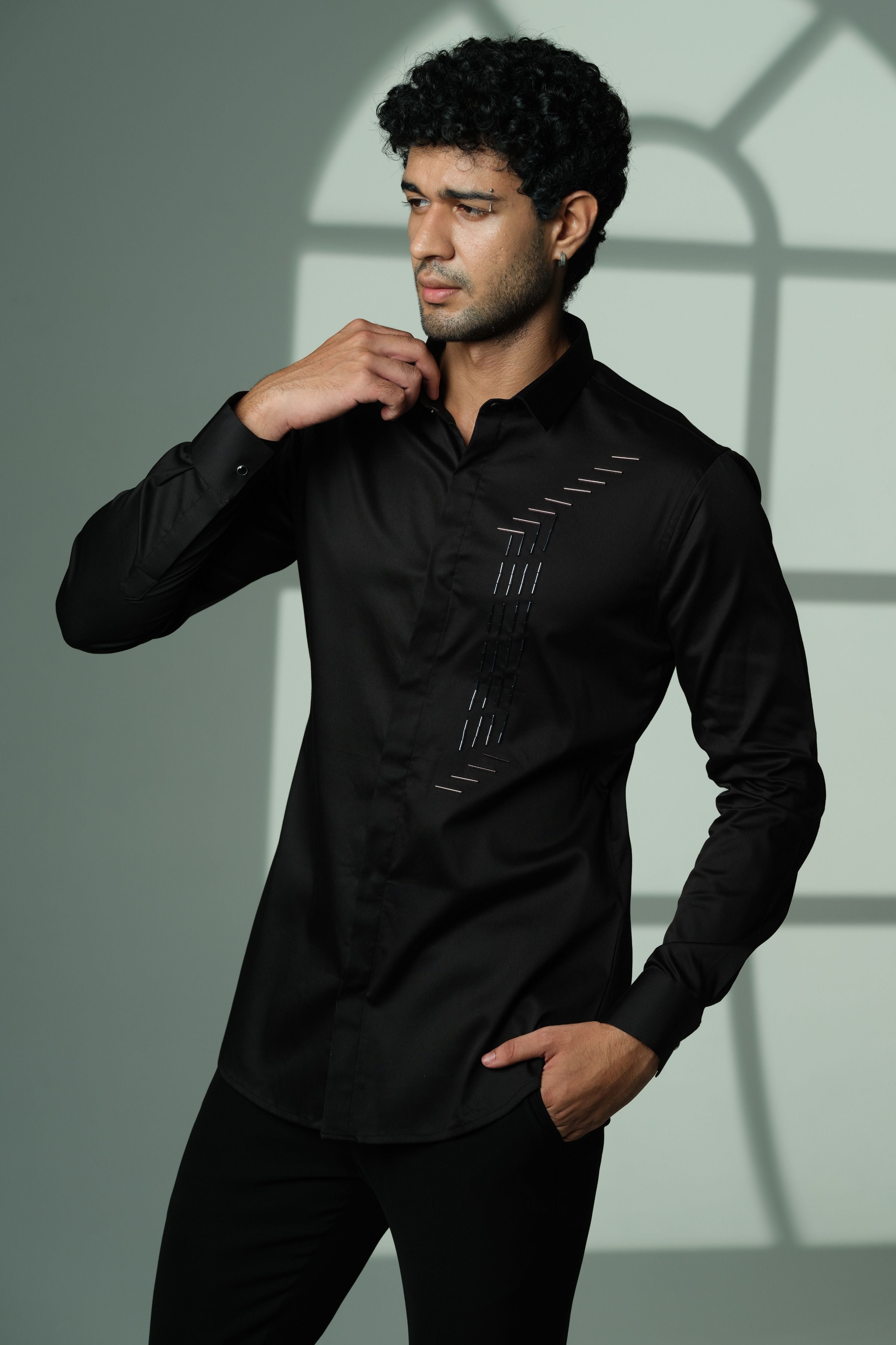 Black Shirt With I-Line Sally Embroidery on Left Panel
