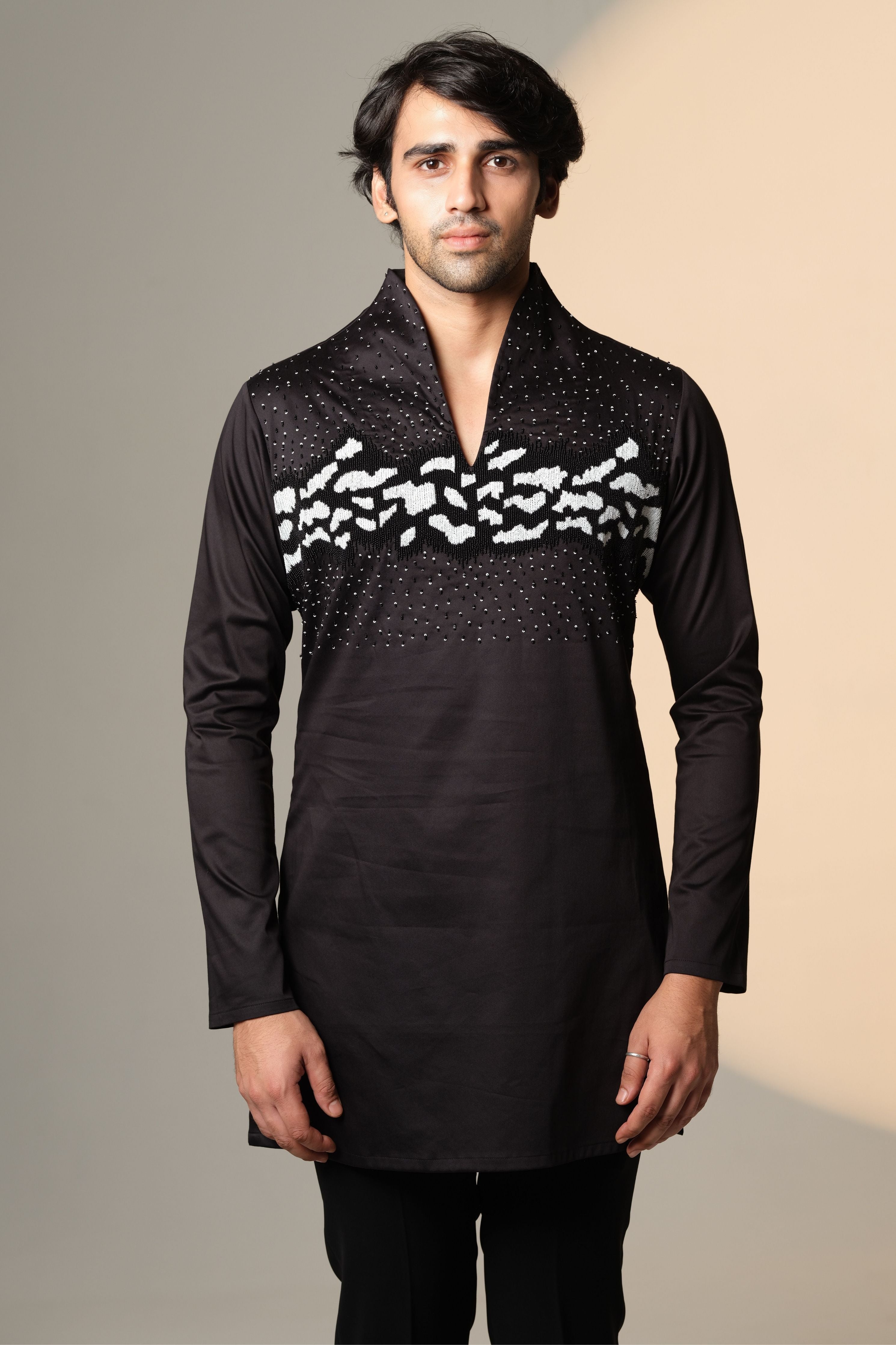 Black Kurta With Hand Beaded Abstract Monochrome Panel & Scattered Crystal Embellishment