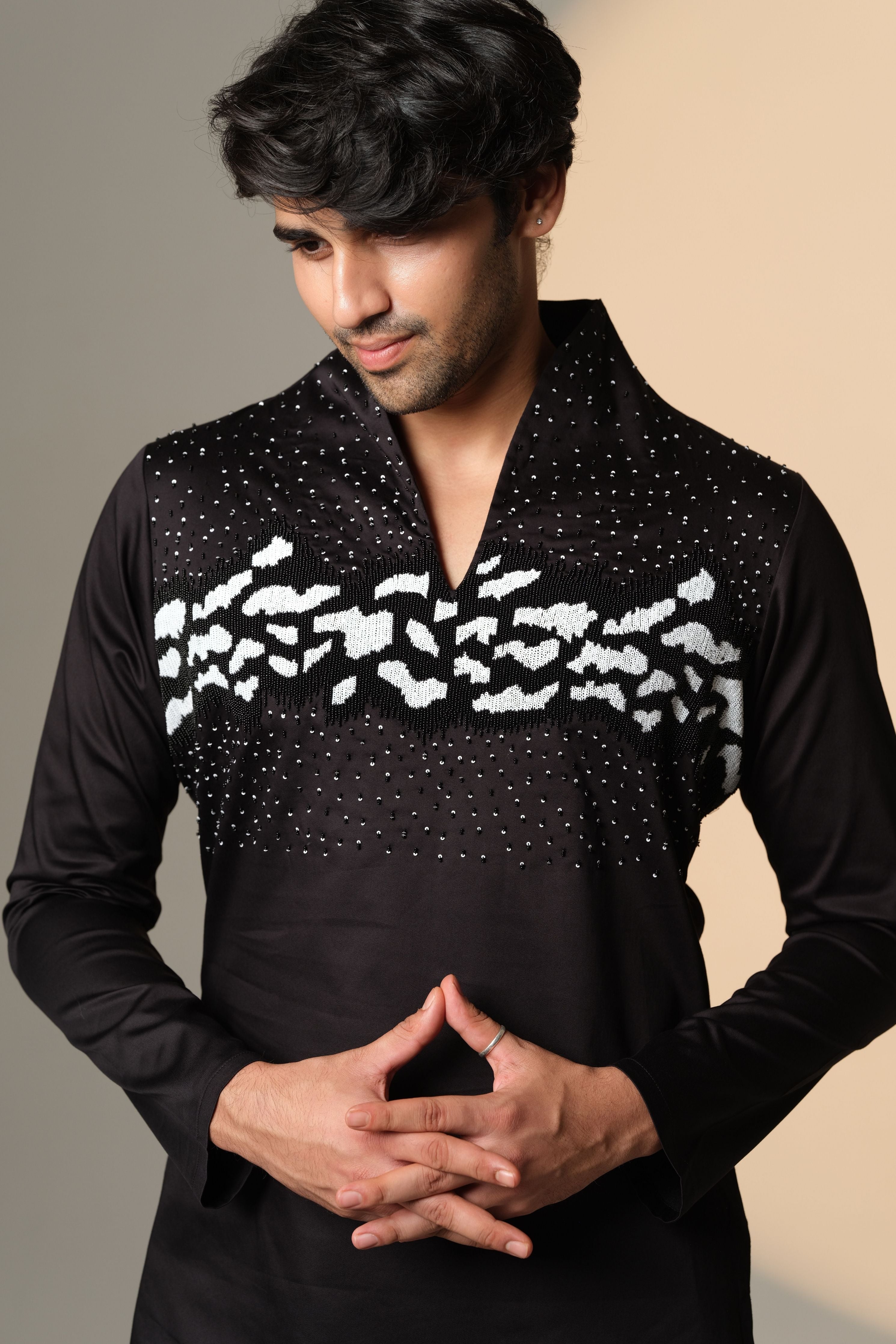 Black Kurta With Hand Beaded Abstract Monochrome Panel & Scattered Crystal Embellishment