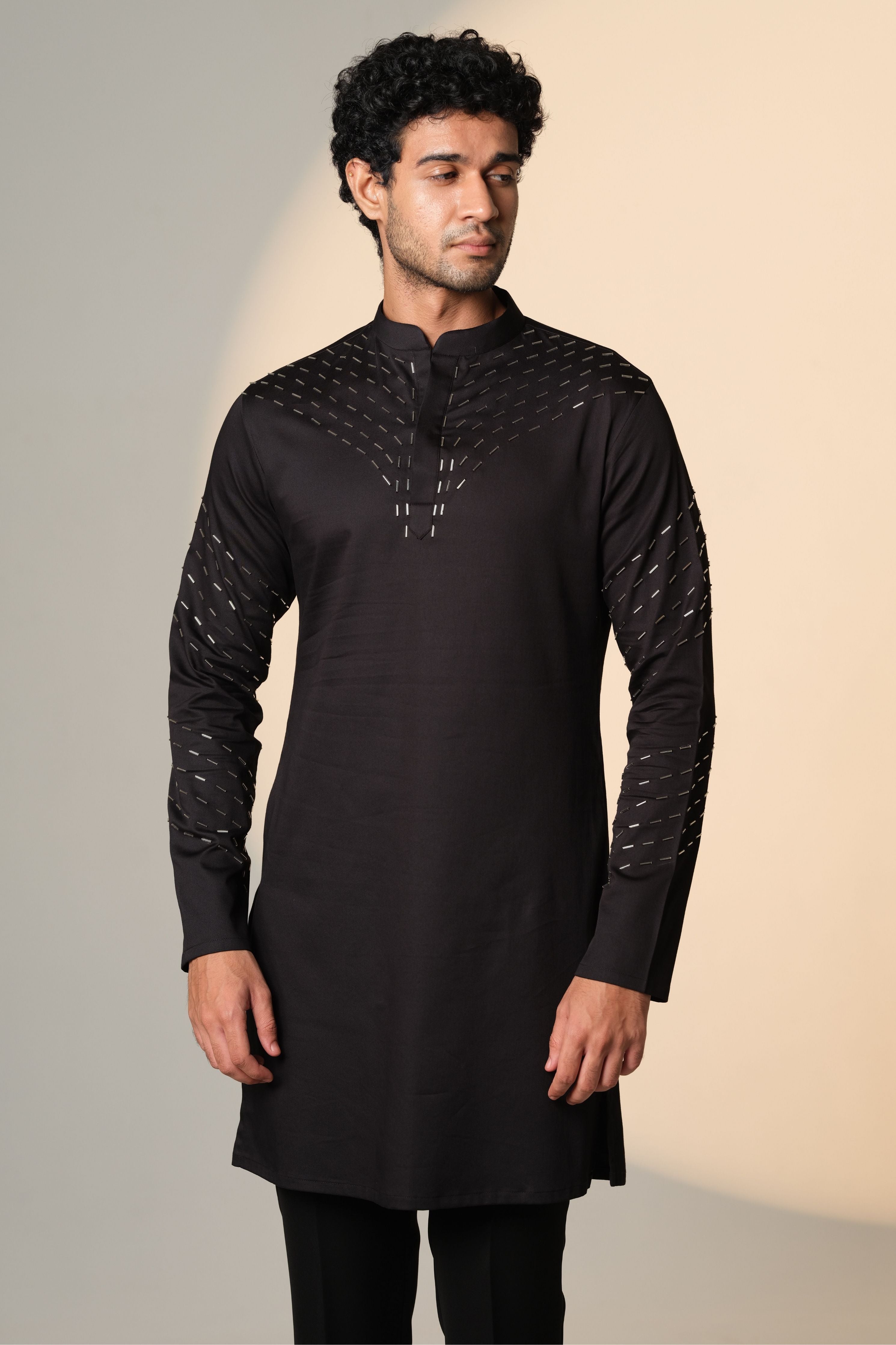 Black Kurta With V Shape Sally Design On Kurta