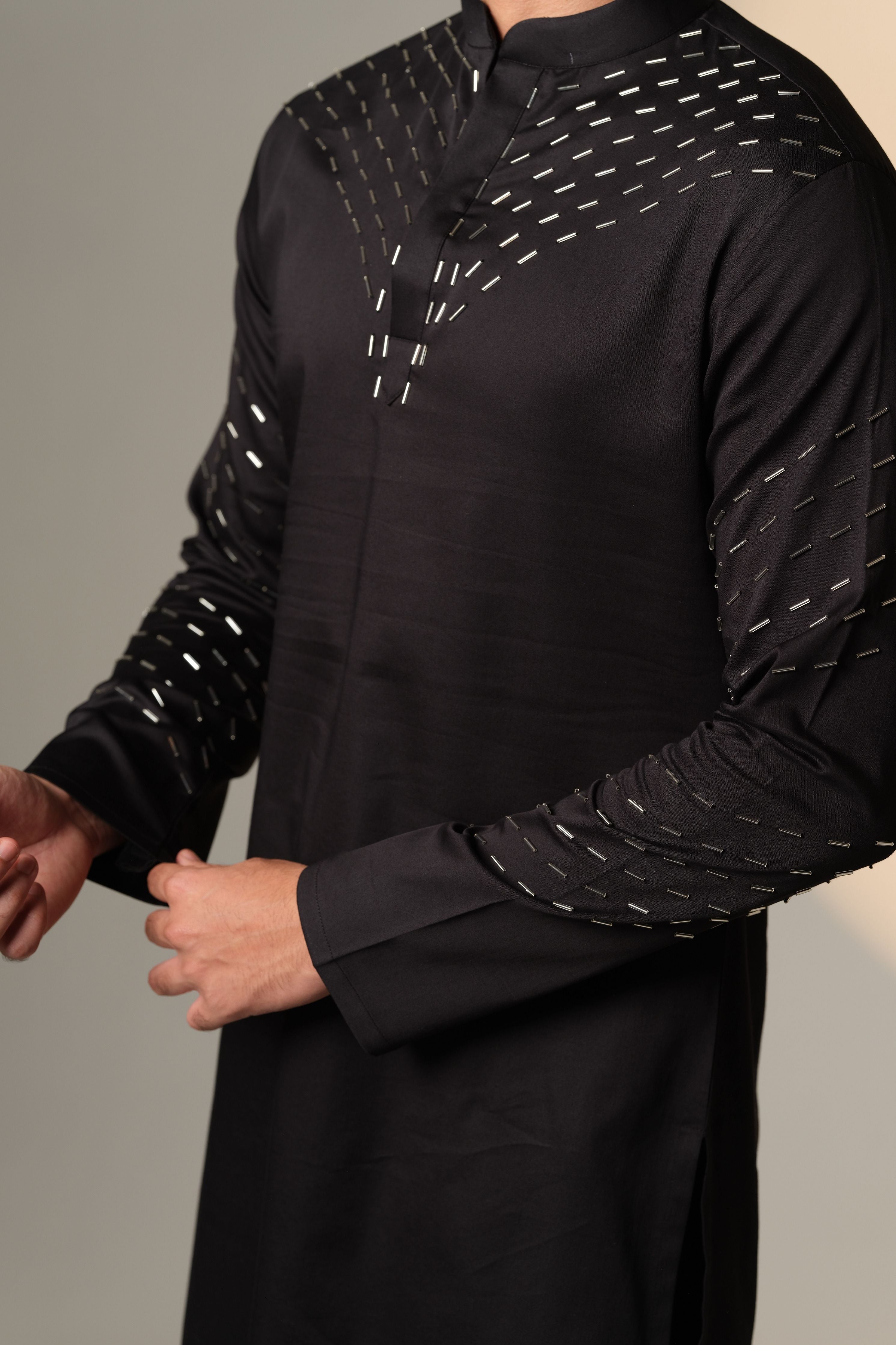Black Kurta With V Shape Sally Design On Kurta