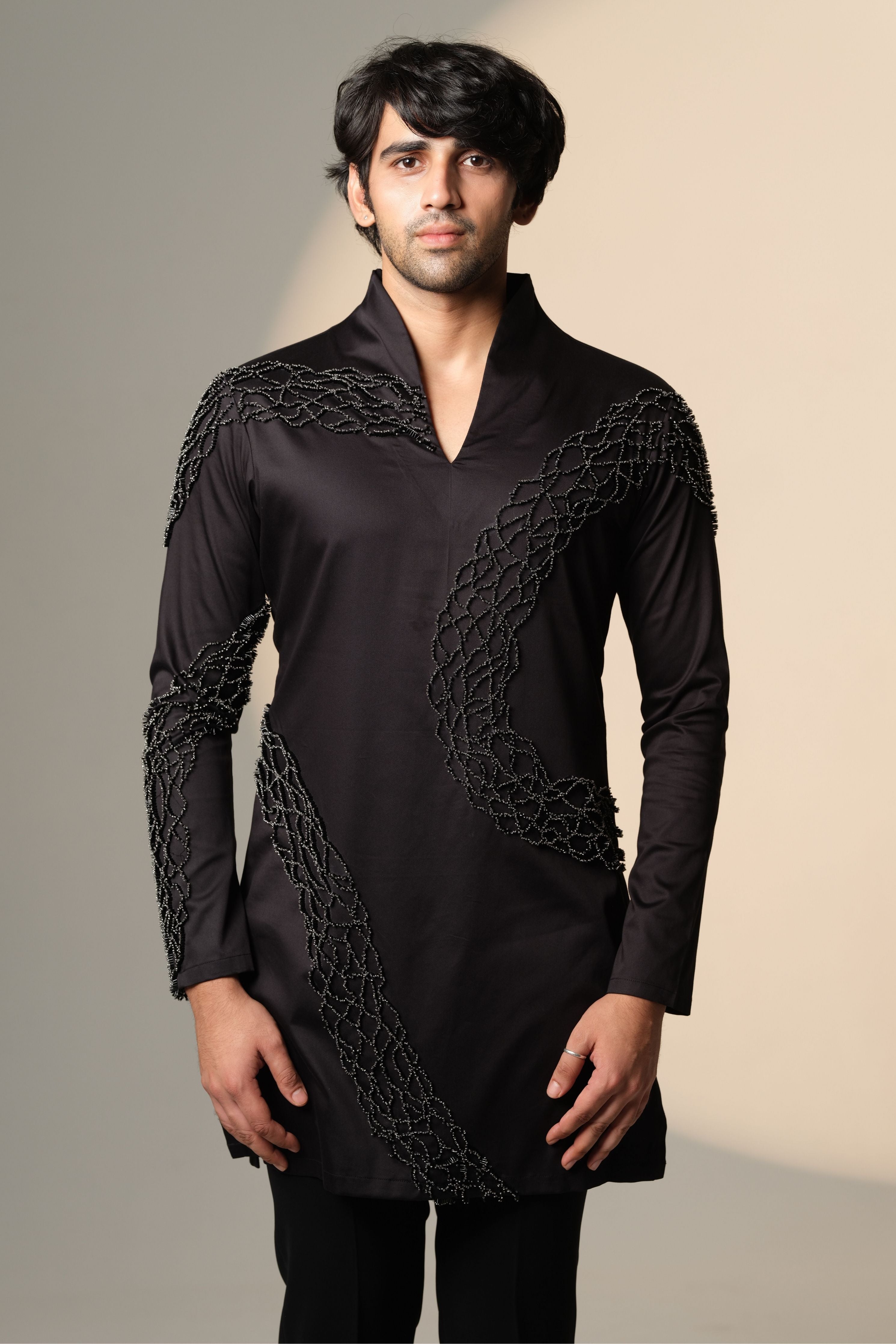 Black Wave Kurta With Standing Sally and Poth Embellishment