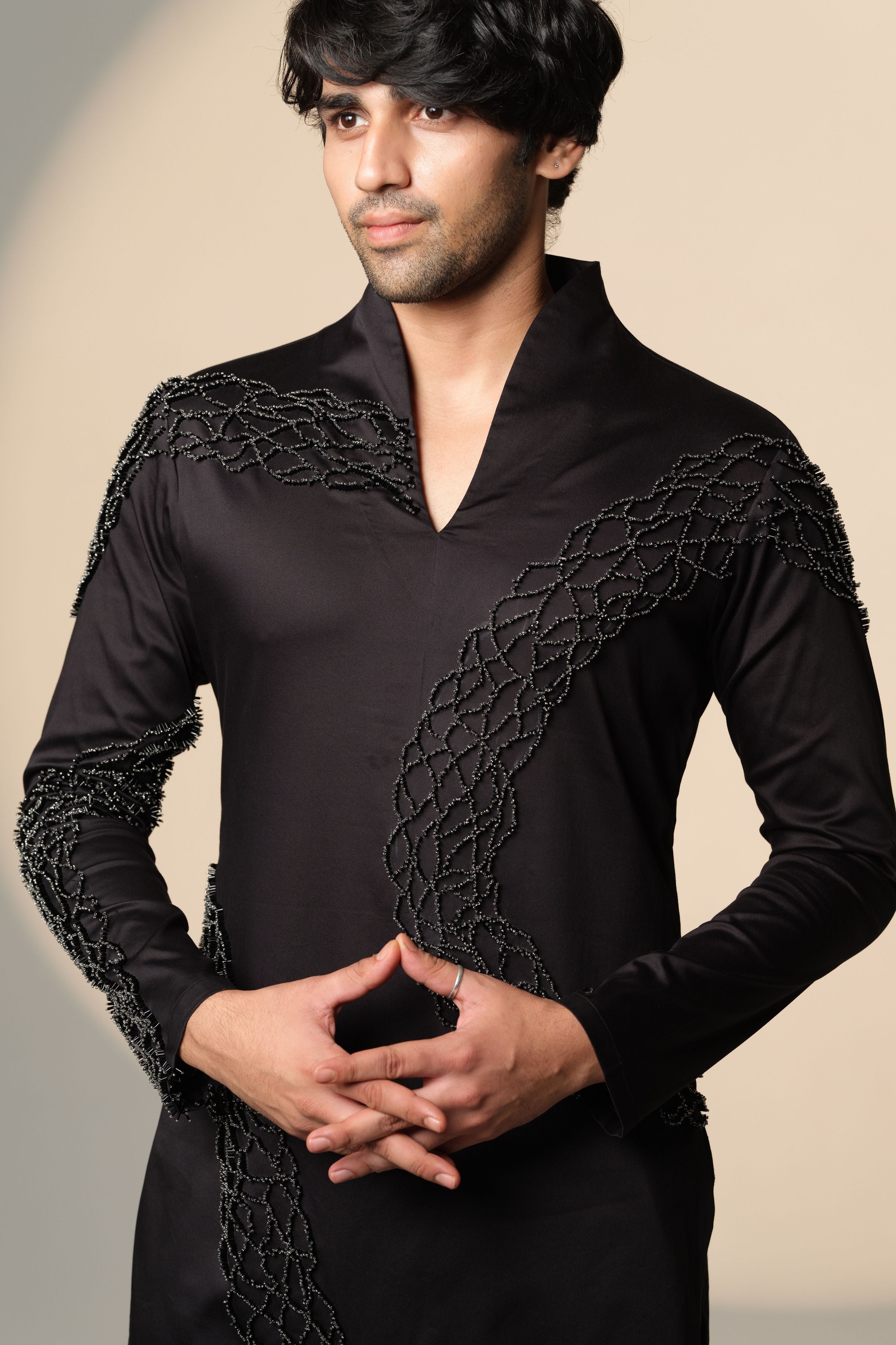 Black Wave Kurta With Standing Sally and Poth Embellishment