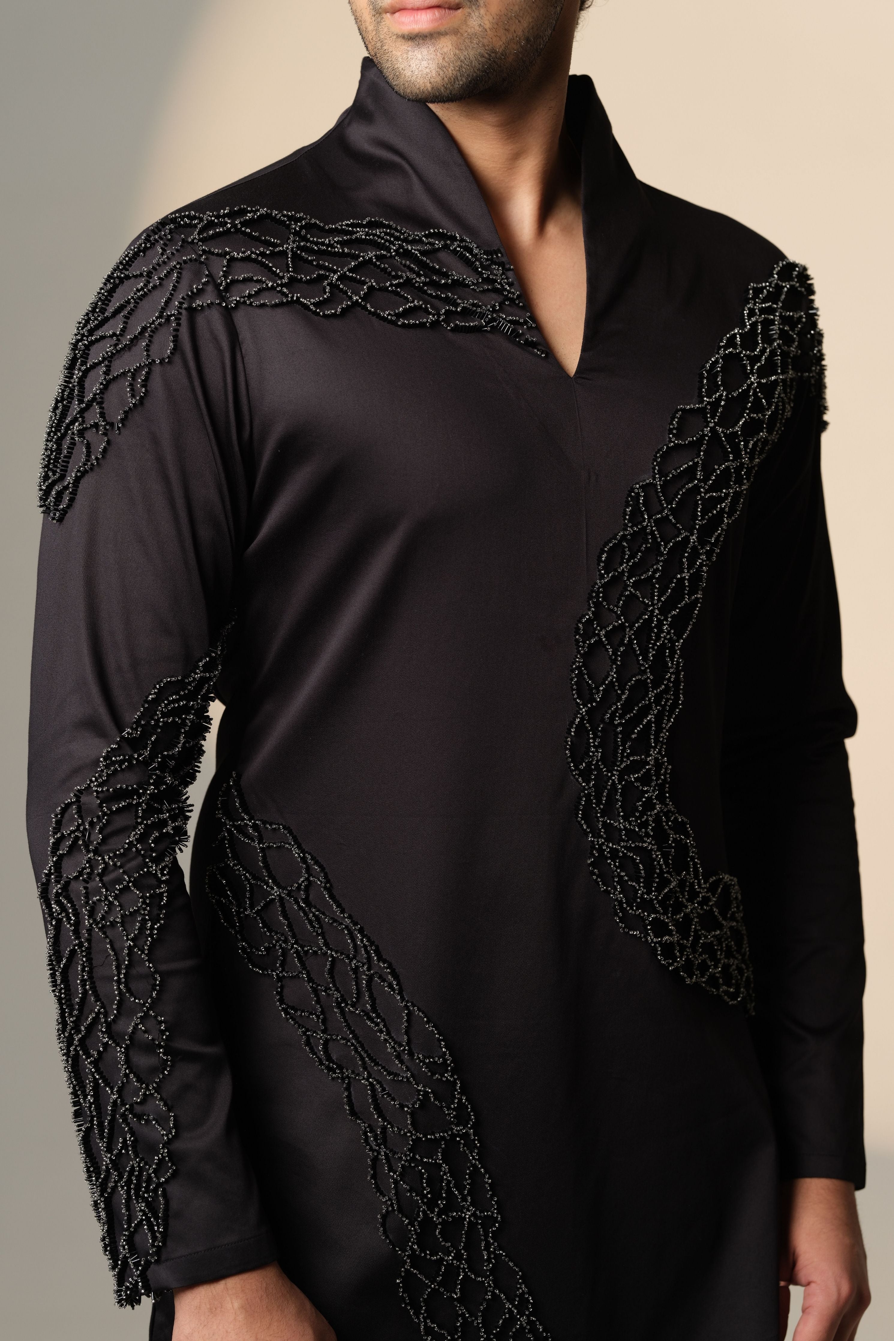 Black Wave Kurta With Standing Sally and Poth Embellishment